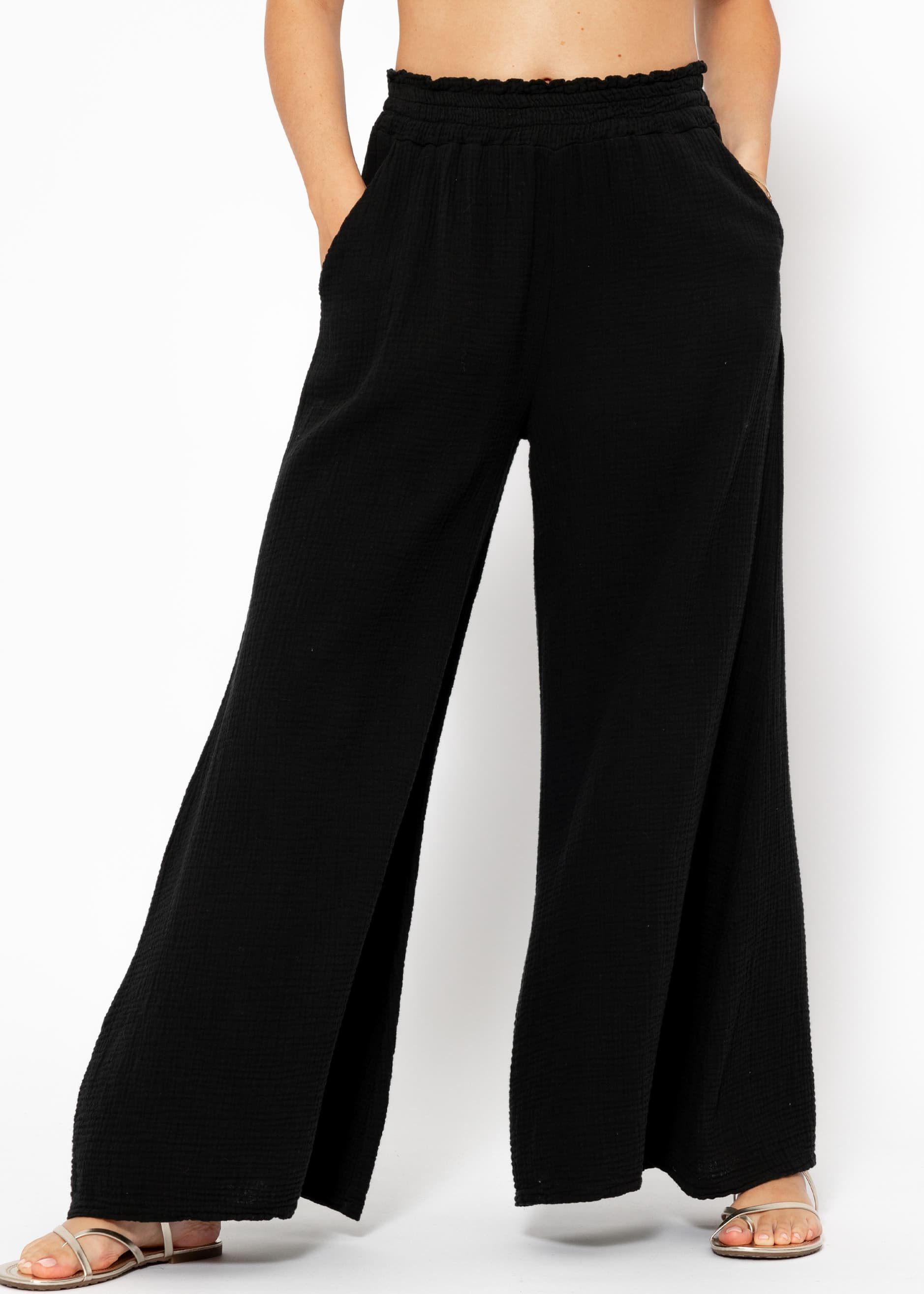 SASSYCLASSY Stoffhose Pants aus Baumwolle mit weitem Bein 100 % Baumwolle, atmungsaktiv und elastischen Bund, sehr leicht