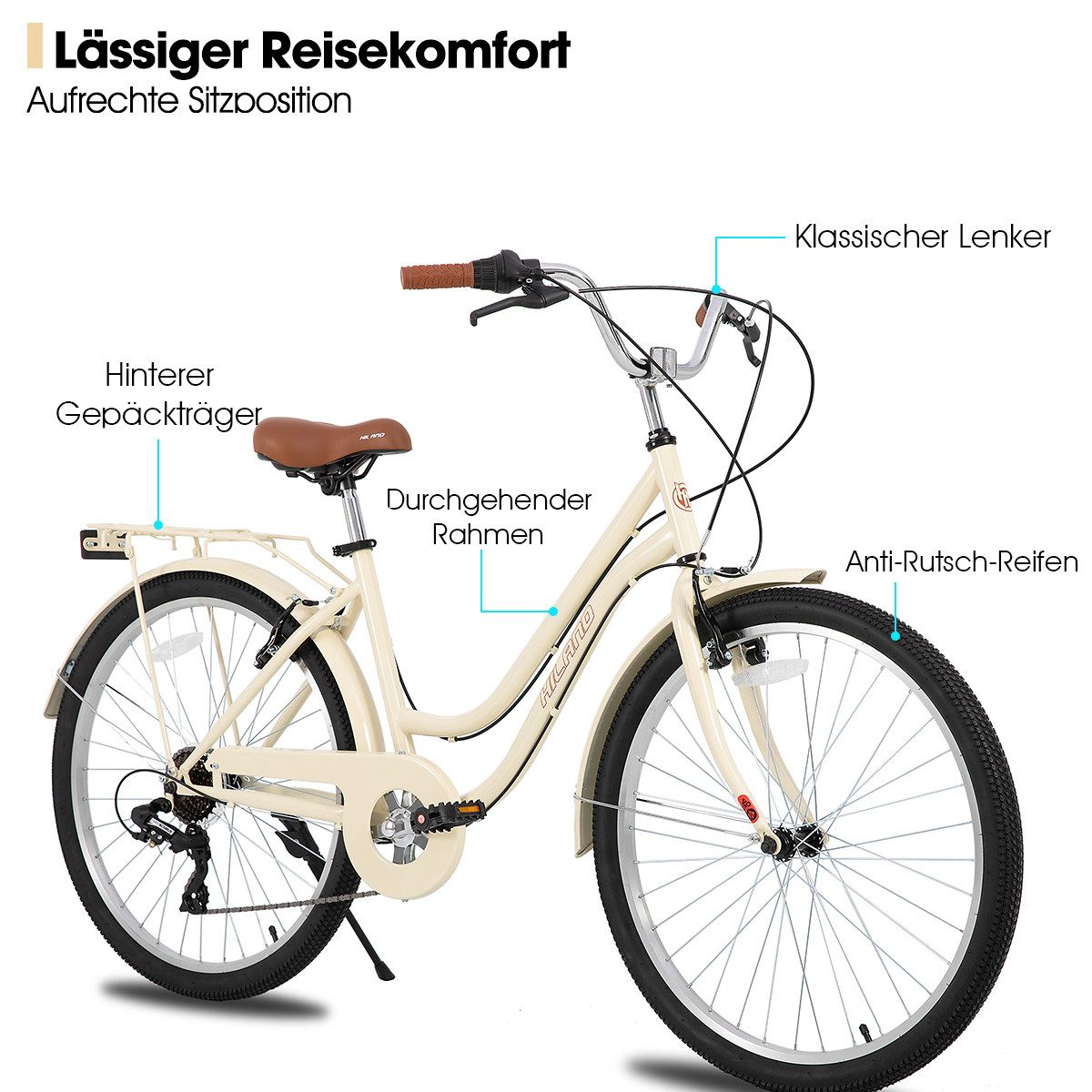 HILAND Cityrad Unisex Citybike 26", 7-Gang, V-Bremse, passend für 165–182cm, Step-Through Rahmen mit Gepäckträger und Korb,7 Gang