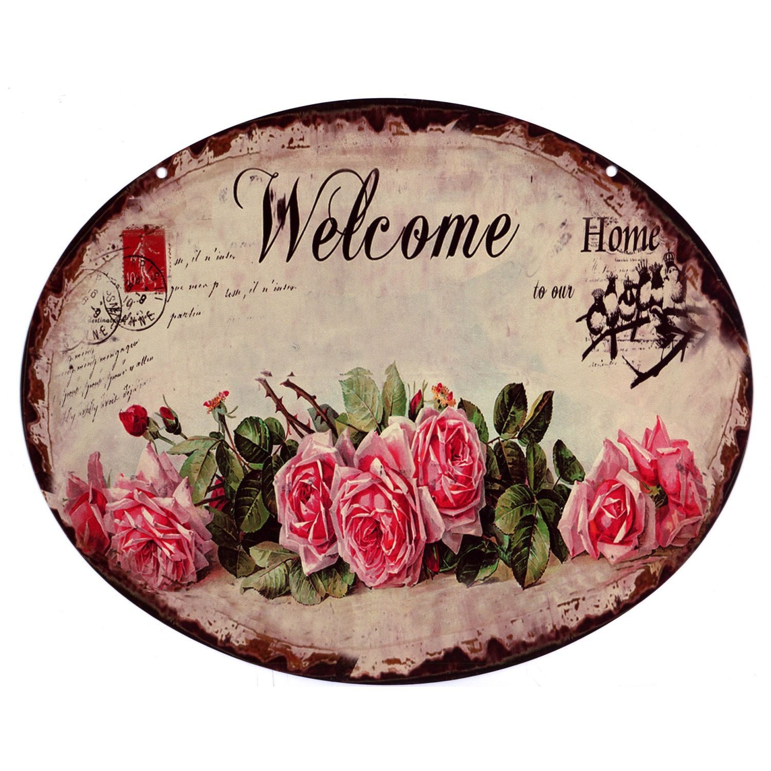 Moritz Metallschild Blechschild Welcome Home Rosen oval, (Einzeln), 20 x 25cm Vintage Retro Deko Schild Metallschild Wandbild Schild – Bild 4 von 4