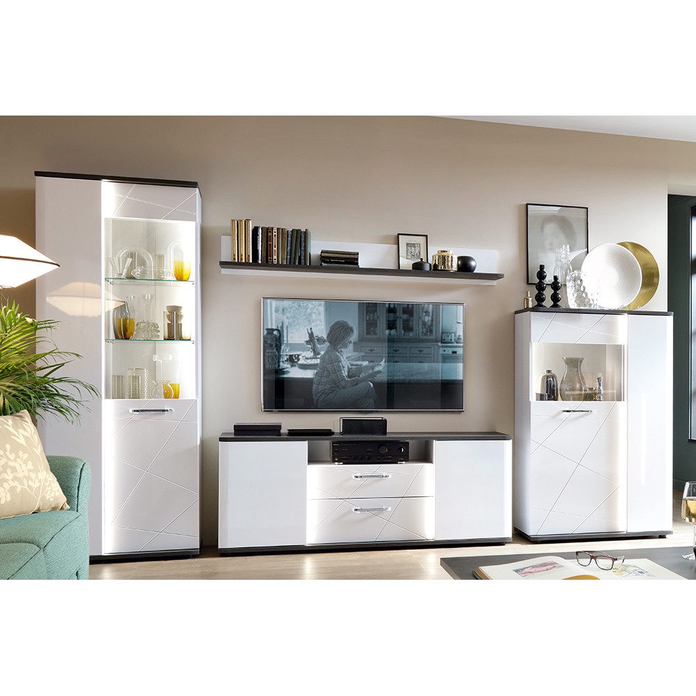 Lomadox Wohnzimmer-Set VISALIA-129, (Mega-Spar-Set, 4-St., 4-tlg), inkl. Beleuchtung, in weiß Hochglanz mit Eiche schwarz