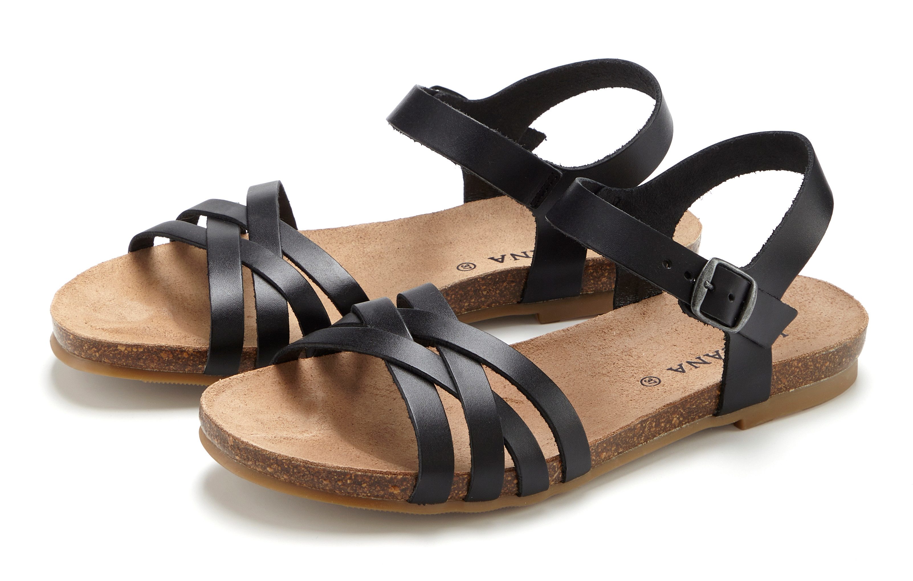 LASCANA Sandalette, Sommerschuh, offener Schuh, Sandale aus Leder mit Korkfußbett