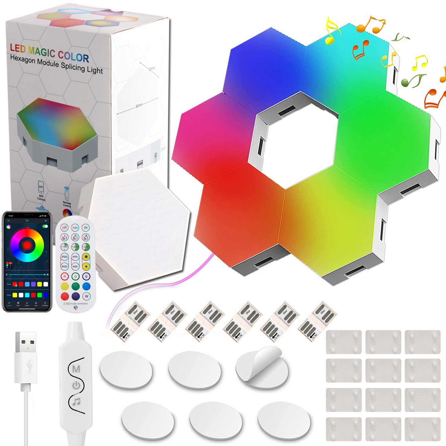 Rosnek LED Dekolicht RGB, Musiksyn, App/Fernbedienung, für Schlafzimmer Spielzimmer Deko, mit festen Schnallen, RGBCCT, Ambiente-Wandleuchten, LED Sechseckleuchten