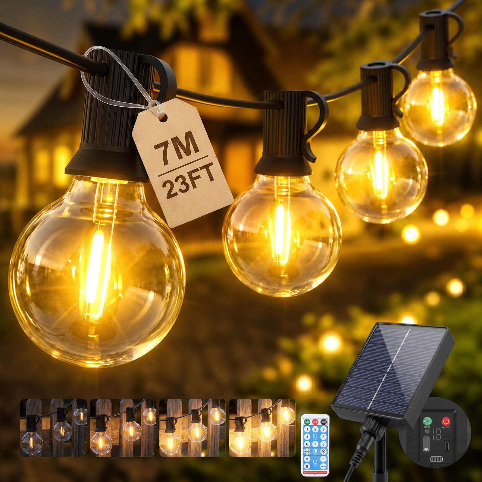 Salcar LED Solarleuchte Lichterkette Outdoor Solar 7-23M Gartenleuchten LED Lichterkette Außen, IP44 8 Modi 7,2m mit 10+1 G40 Glühbirnen Fernbedienung/Dimmbar/Timer