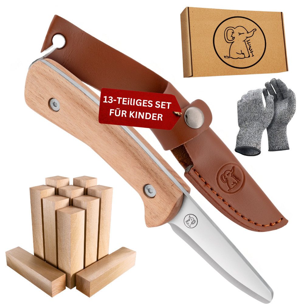 Eli Сумкиmesser Schnitzmesser Kinder - Kindermesser mit Ledertasche - Schnitzwerkzeug, (Kindertaschenmesser - Outdoor Ножі, Kinderschnitzmesser - Griffe aus Buchenholz), inkl. schnittfeste Handschuhe - Beidhändig - rostfreier Stahl