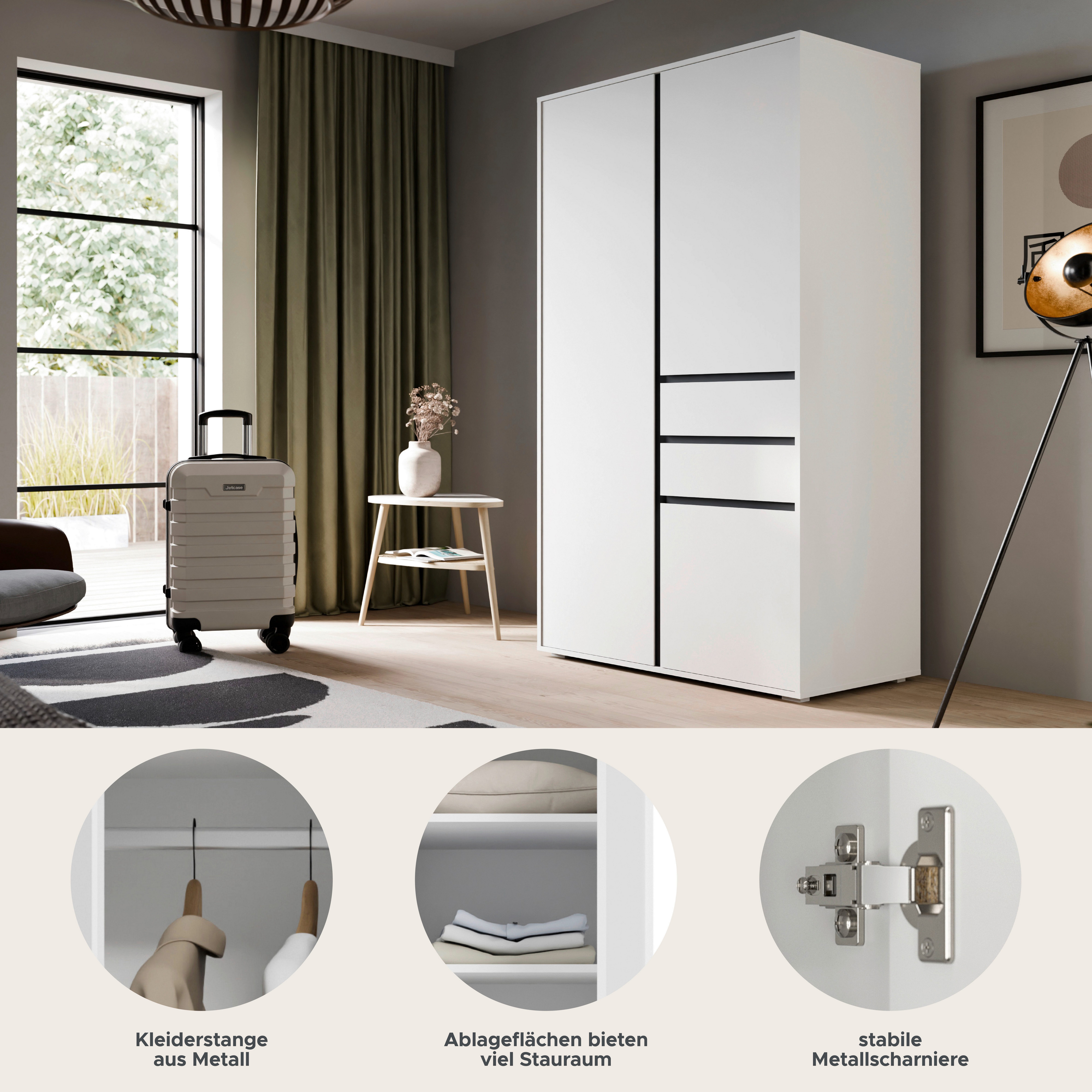 Home affaire Kleiderschrank NULA, Schlafzimmerschrank, Garderobe, Schrank (1-St., in verschiedenen Ausführungen und Farben erhältlich) 3 Türen, 2 Schubkästen, 1 E-Boden, 5 K-Böden, 1 Kleiderstange
