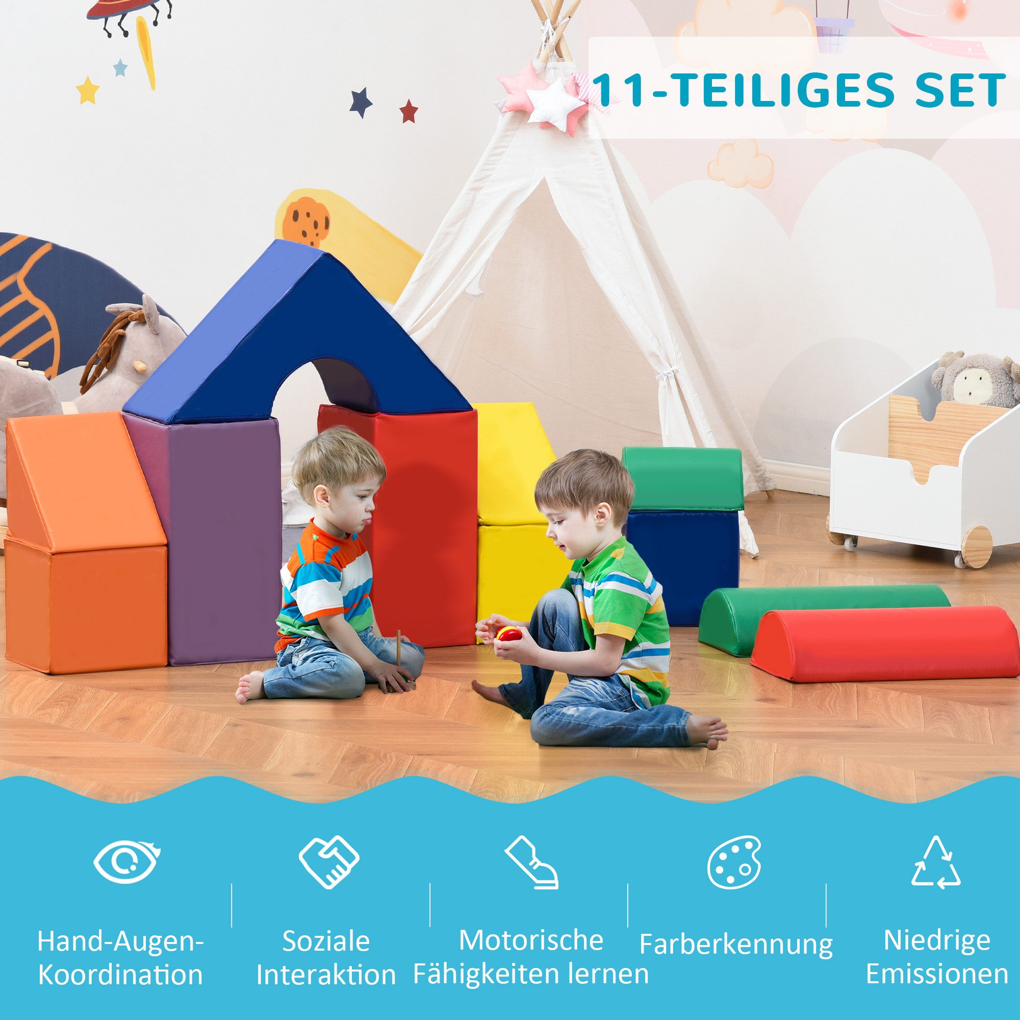 HOMCOM Schaumstoffbausteine Bauklötze zum Toben, Klettern Spielbausteine, (Riesenbausteine, 11 St., Bausteinset), für 1-3 Jahre Kinder, Kunstleder, Bunt