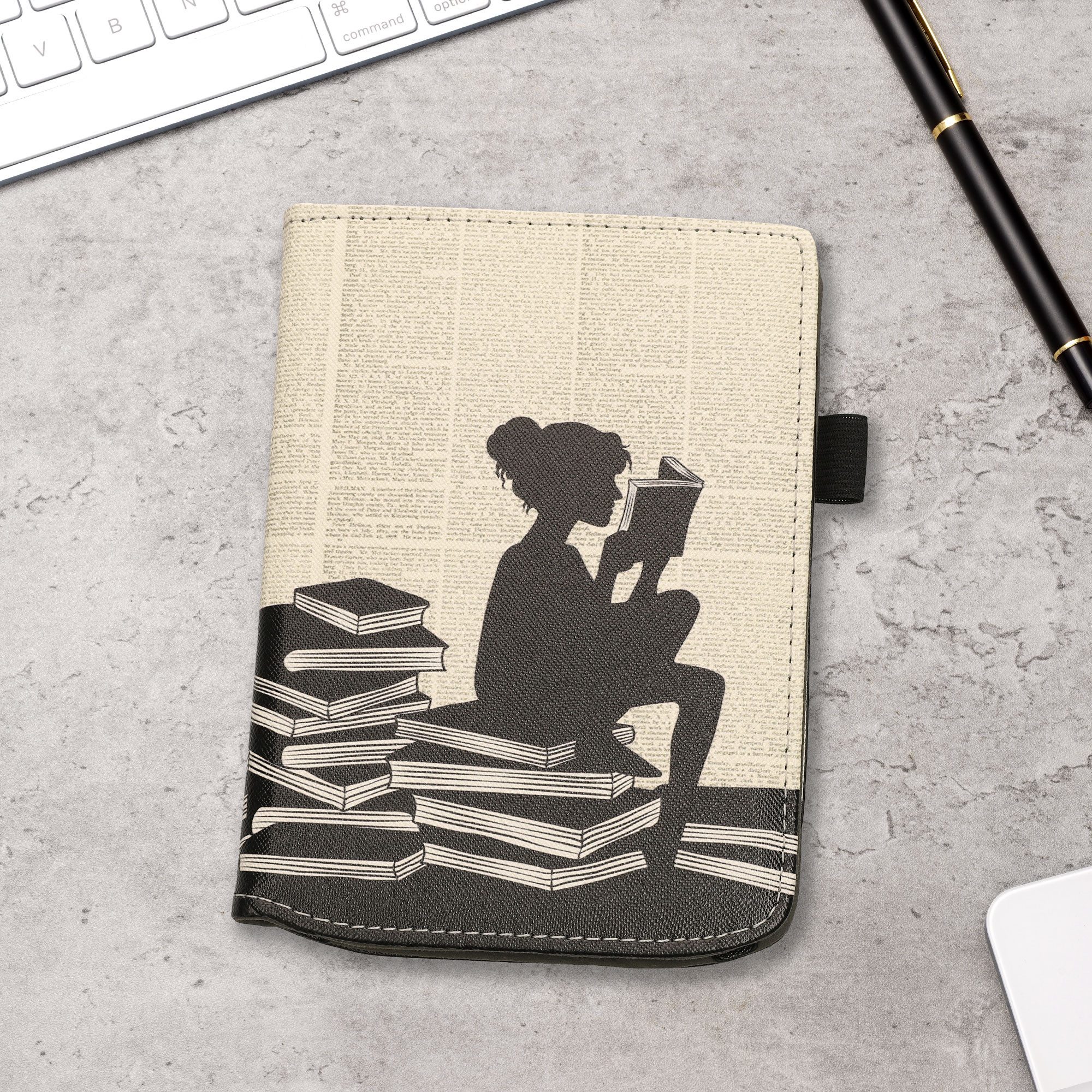 kwmobile E-Reader-Hülle Flip Schutzhülle für Pocketbook Verse / Verse Lite / Verse Pro / Color, Handschlaufe - Cover Lesende Frau Design