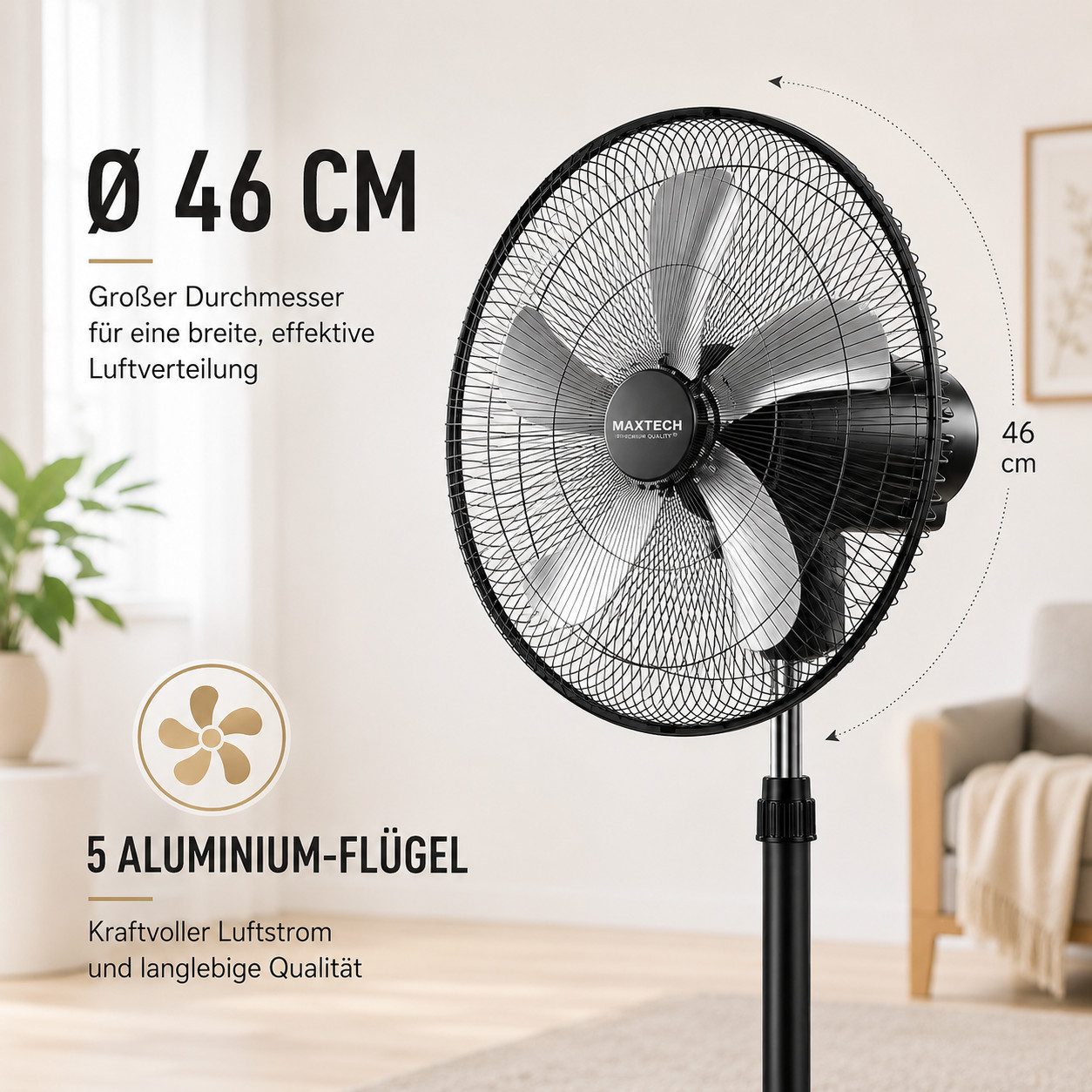 Ertex Standventilator Stand Ventilator 75W Metro 130cm Höhe Turmventilator Kühler STARK
