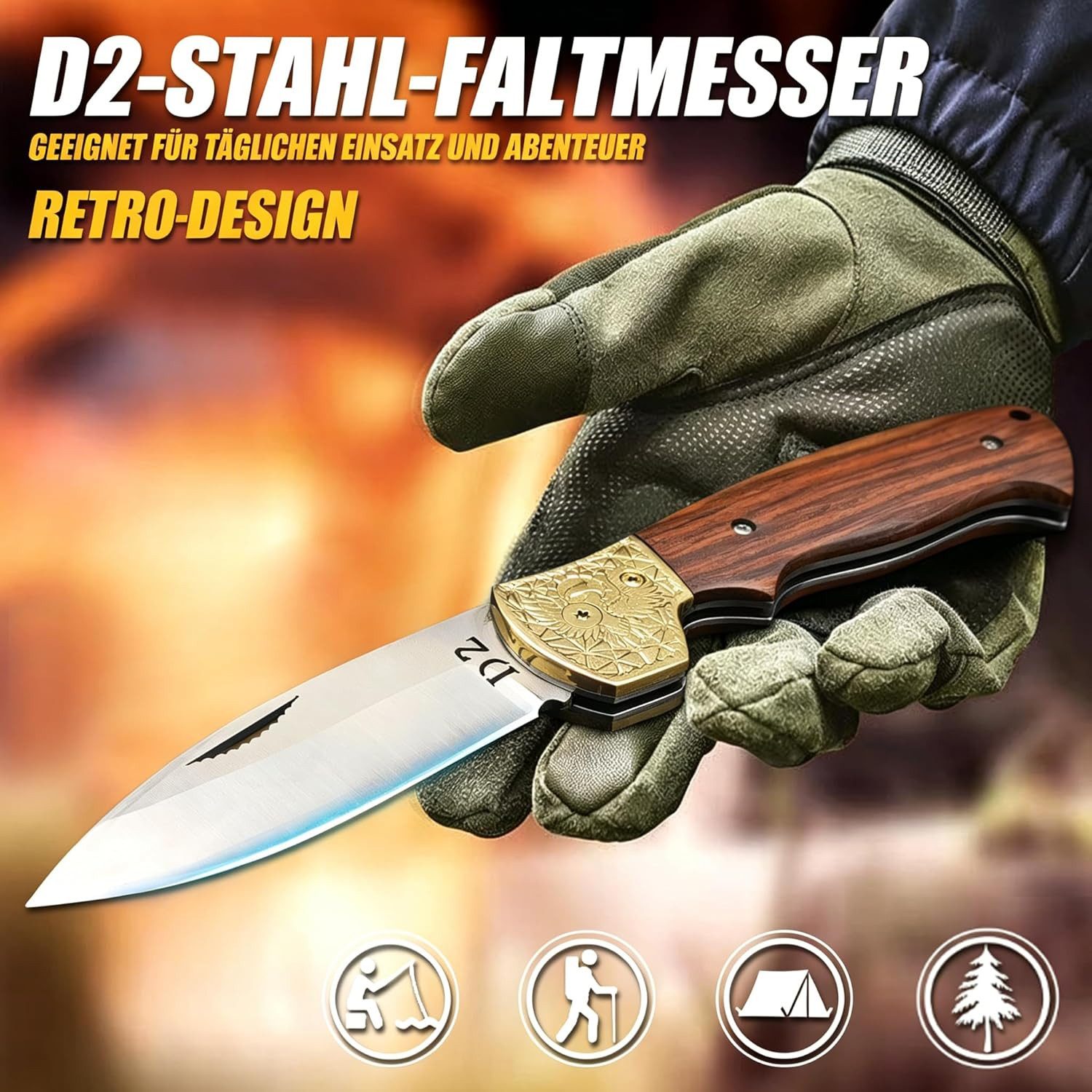 KingLux Taschenmesser Outdoor Klappmesser Taschenmesser D2 Stahl Mit Holzgriff Lederscheide, (1 x messer, 1 x Lederscheide, 1 x Geschenkbox, 1 St)