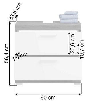 xonox.home Waschbeckenunterschrank Scout (Badschrank in weiß Hochglanz und Rauchsilber grau, Breite 60 cm) 2 Schubladen, Vollauszug