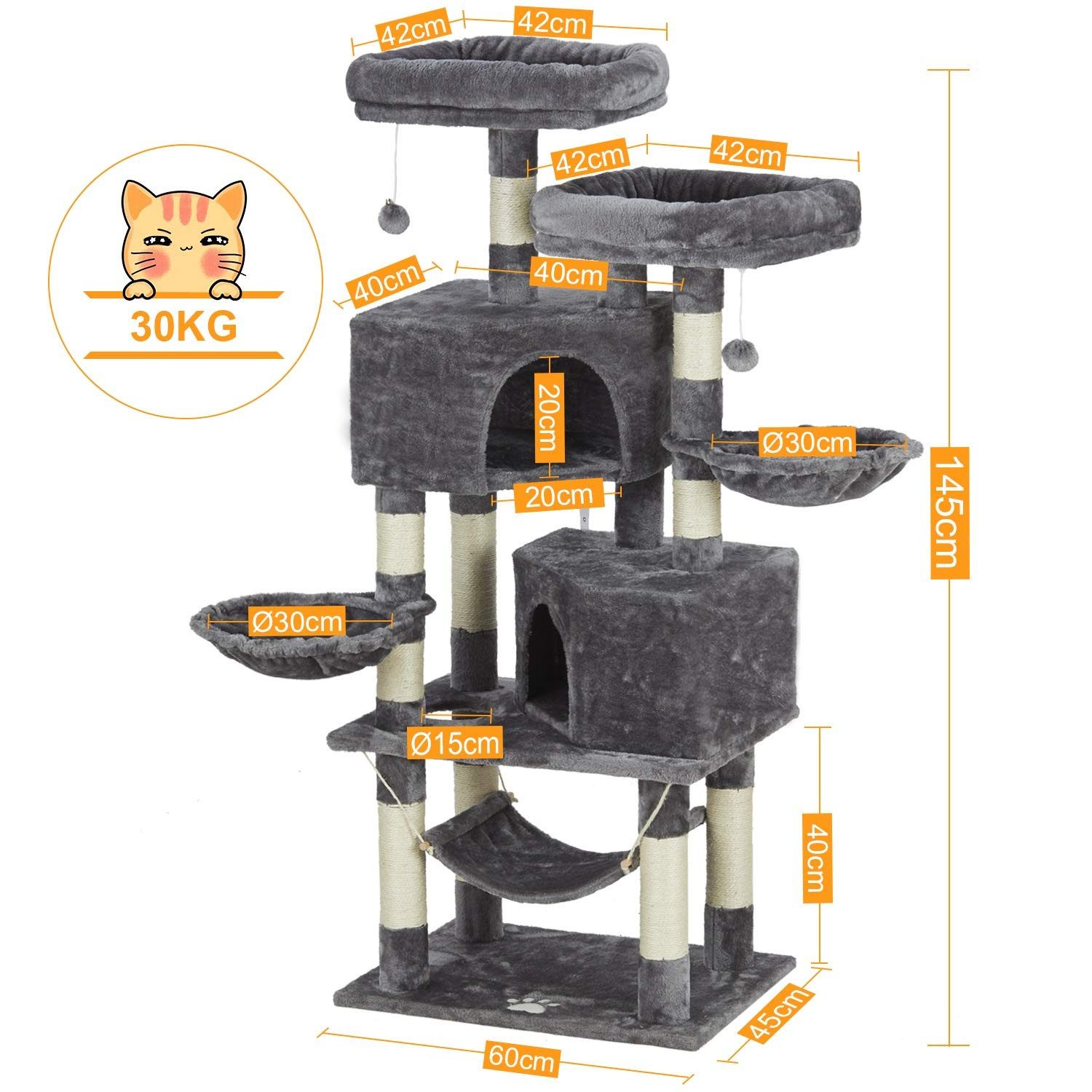 MSMASK Kratzbaum Katzenbaum Kletterbaum mit groß Höhle,Sisal-Stämme, Natur Sisal Katzenkratzbaum,mehrstöckig für große Katzen