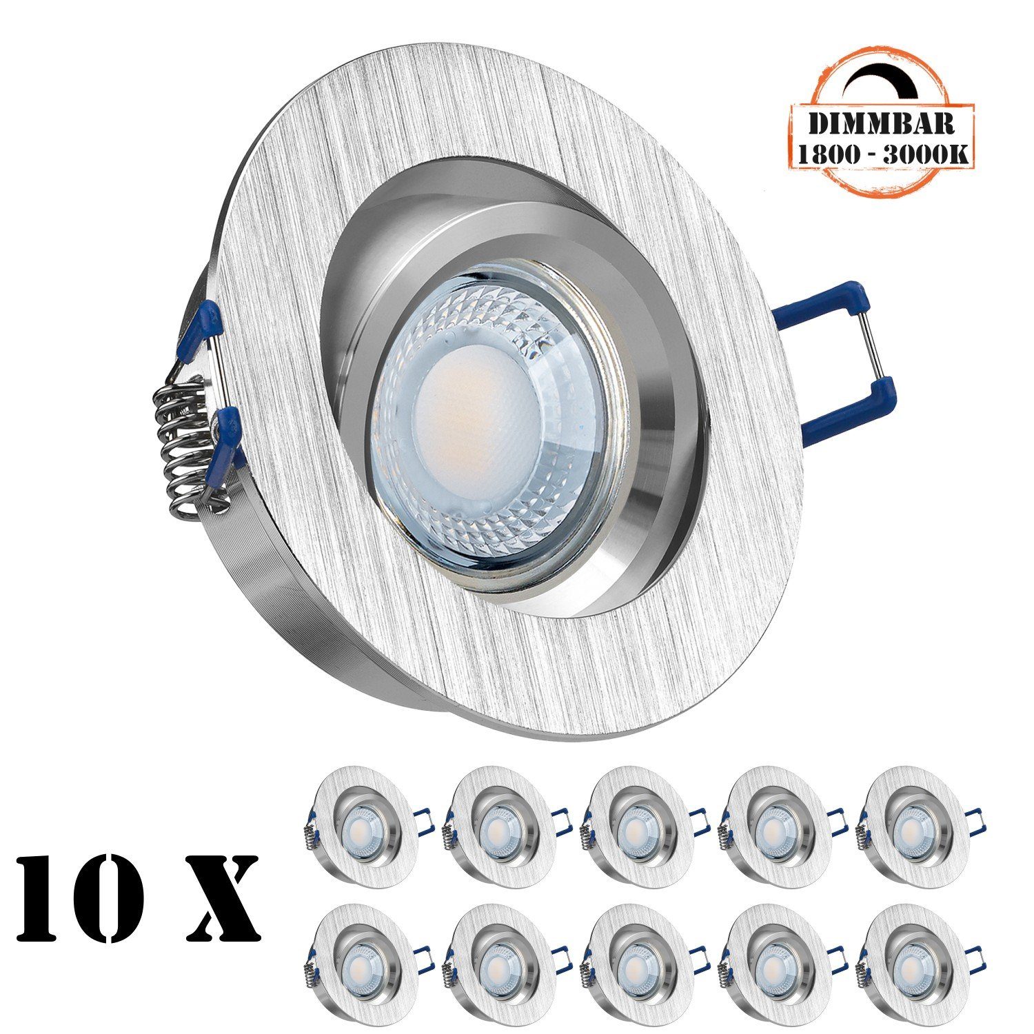 LEDANDO LED Einbaustrahler 10er LED Einbaustrahler Set extra flach in aluminium gebürstet mit 5W