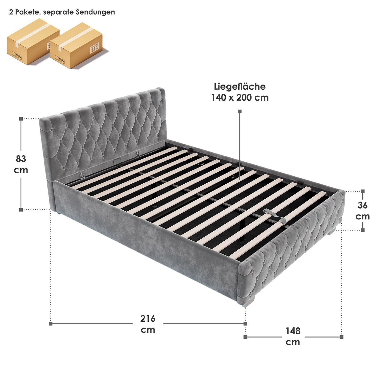 Juskys Polsterbett Nizza, Stauraum, LED Licht, Chesterfield Steppung, Samtbezug