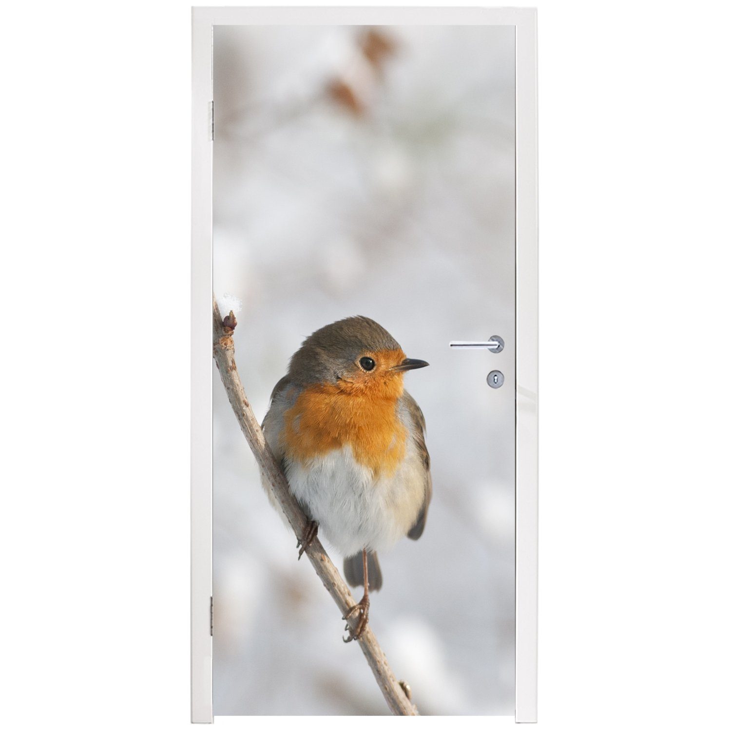 cm MuchoWow Winter, für - St), Vogel Türtapete (1 - Matt, Fototapete Rotkehlchen bedruckt, Tür, 75x205 Türaufkleber,