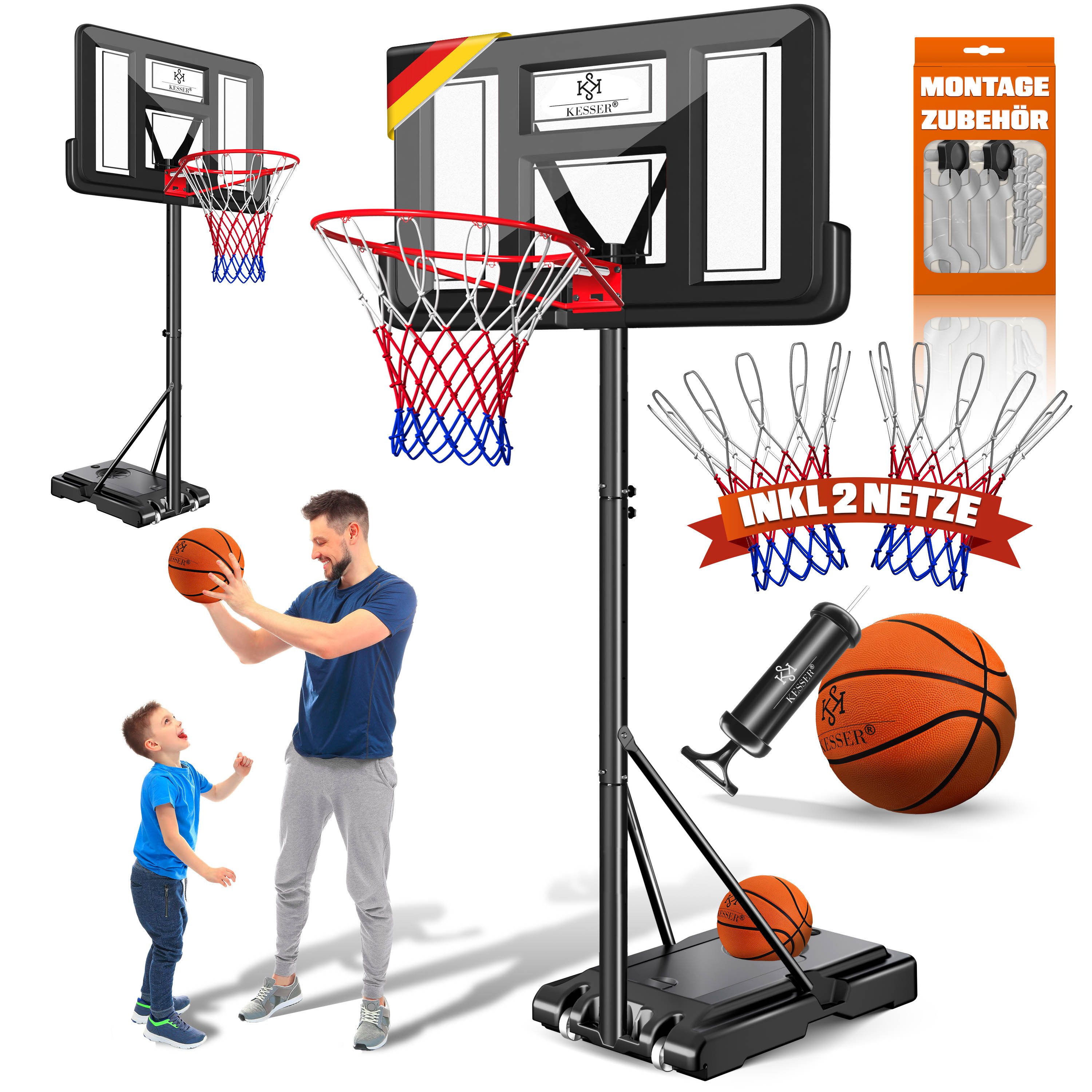 KESSER Basketballkorb 160-210cm Basketballständer Set mit Basketball, Pumpe & 2 Ersatznetzen, In- & Outdoor Basketballanlage mit Rollen für Kinder & Erwachsene