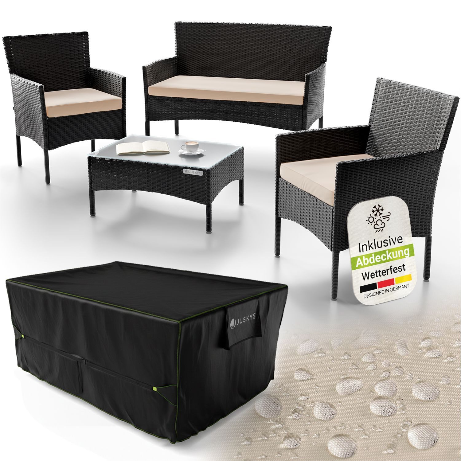 Juskys Gartenlounge-Set Fort Myers, wetterfeste Polyrattan Sitzgruppe für 4 Personen, inkl. Abdeckung