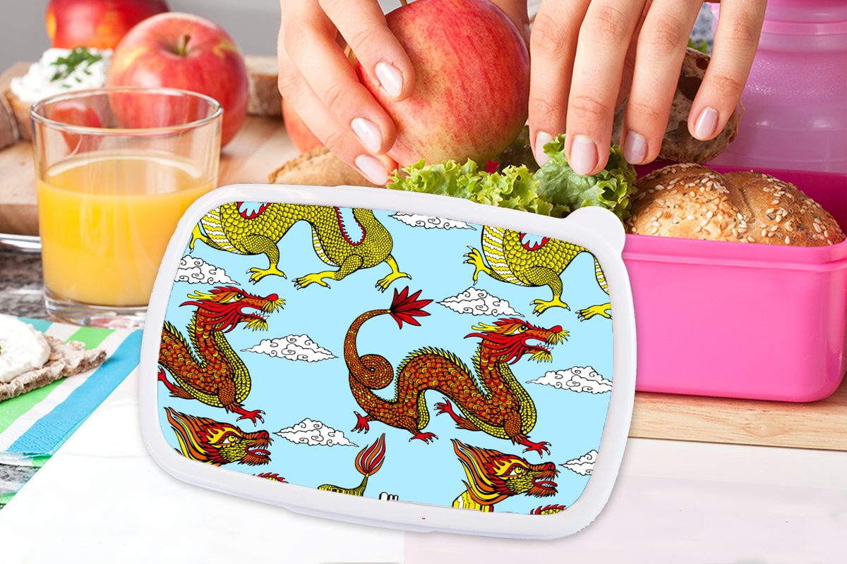 für Brotdose MuchoWow rosa Mädchen, Erwachsene, Kinder, Brotbox Lunchbox Drache Chinesisch Muster, (2-tlg), Kunststoff - Kunststoff, - Snackbox,