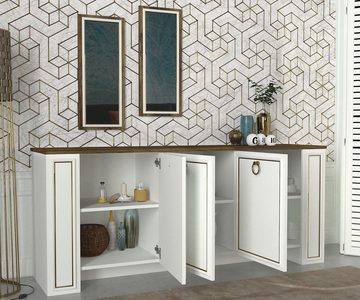 moebel17 Kommode Sideboard Sansa mit 2er Spiegel Set Weiß Walnuss