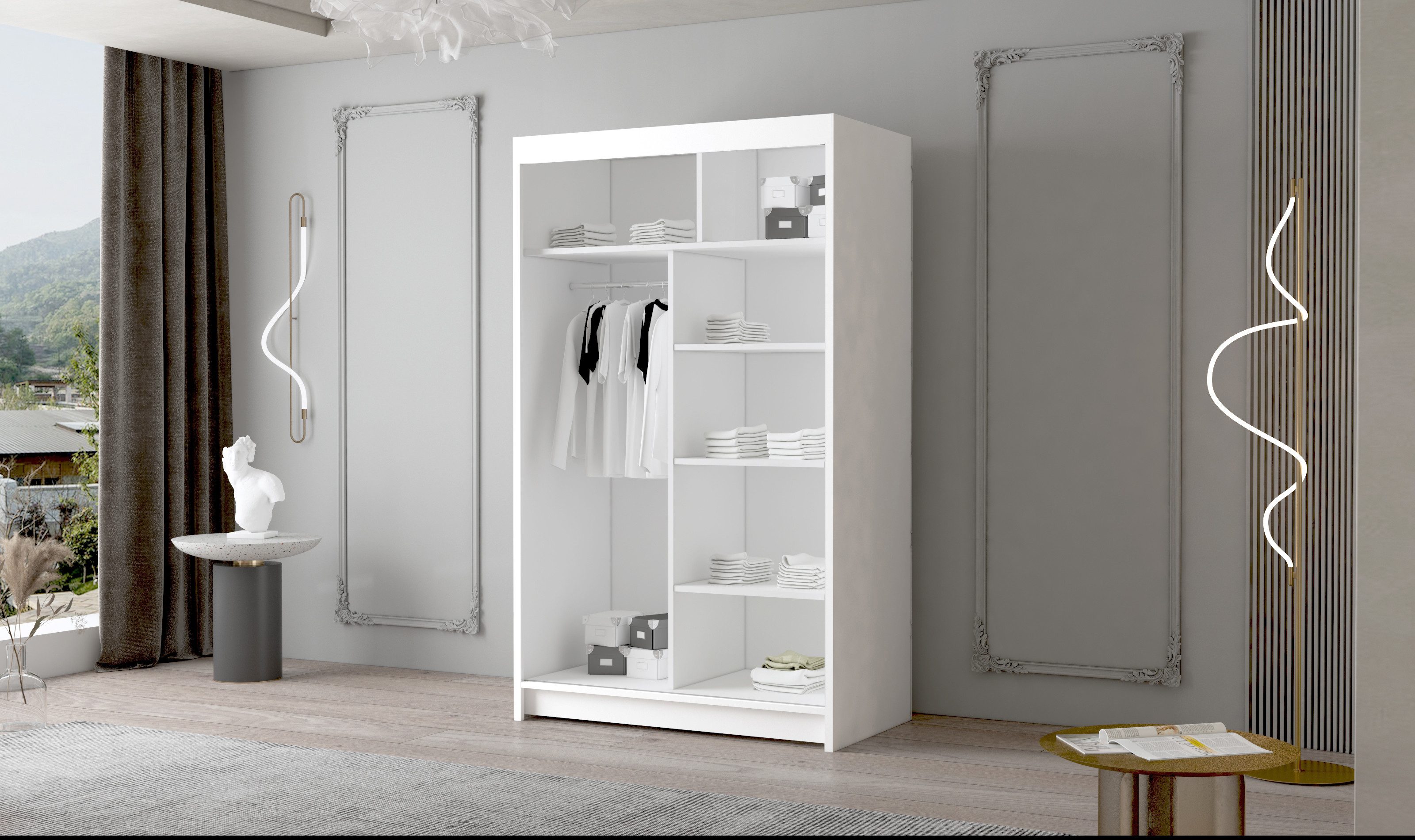 Sofnet Kleiderschrank Letto III (mit Spiegel, Schiebetüren und Kleiderstange) Schwebetürenschrank mit 2 Türen, Schiebetürenschrank - 100x200x58 cm