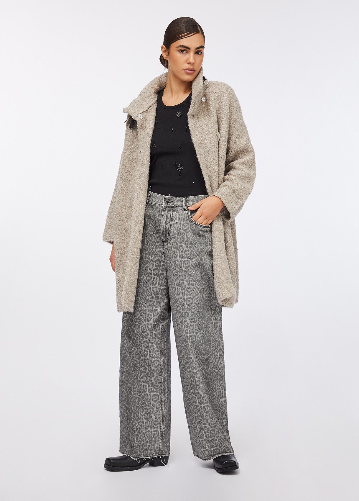 Liu Jo Strickmantel Damen Bouclé-Strickmantel in Beige ? Warmer Mantel mit Schnallenkragen