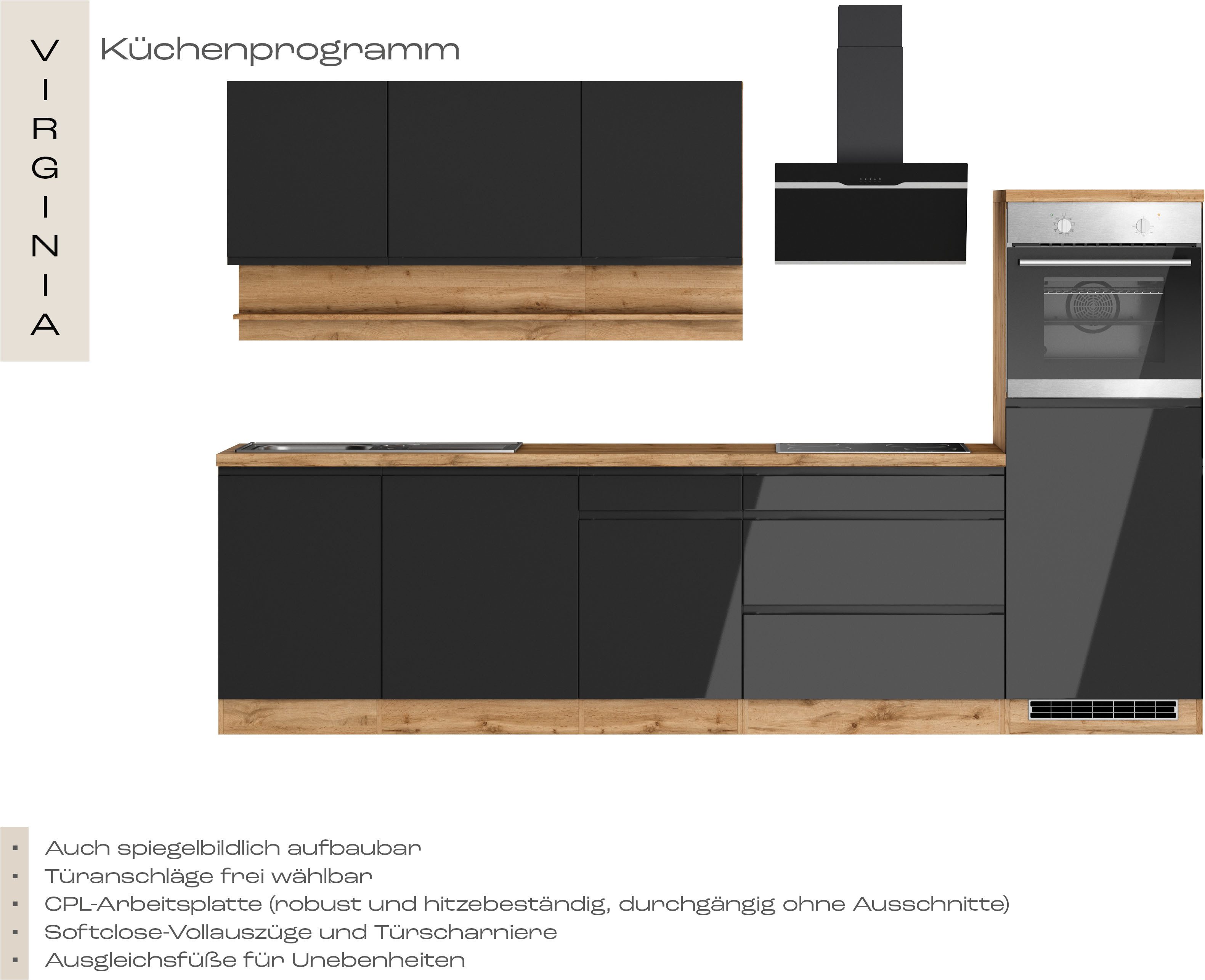 KOCHSTATION Küchenzeile KS-Virginia,neu in verbesserter Ausführung, Breite 300 cm, Soft-Close, wahlweise mit E-Geräten