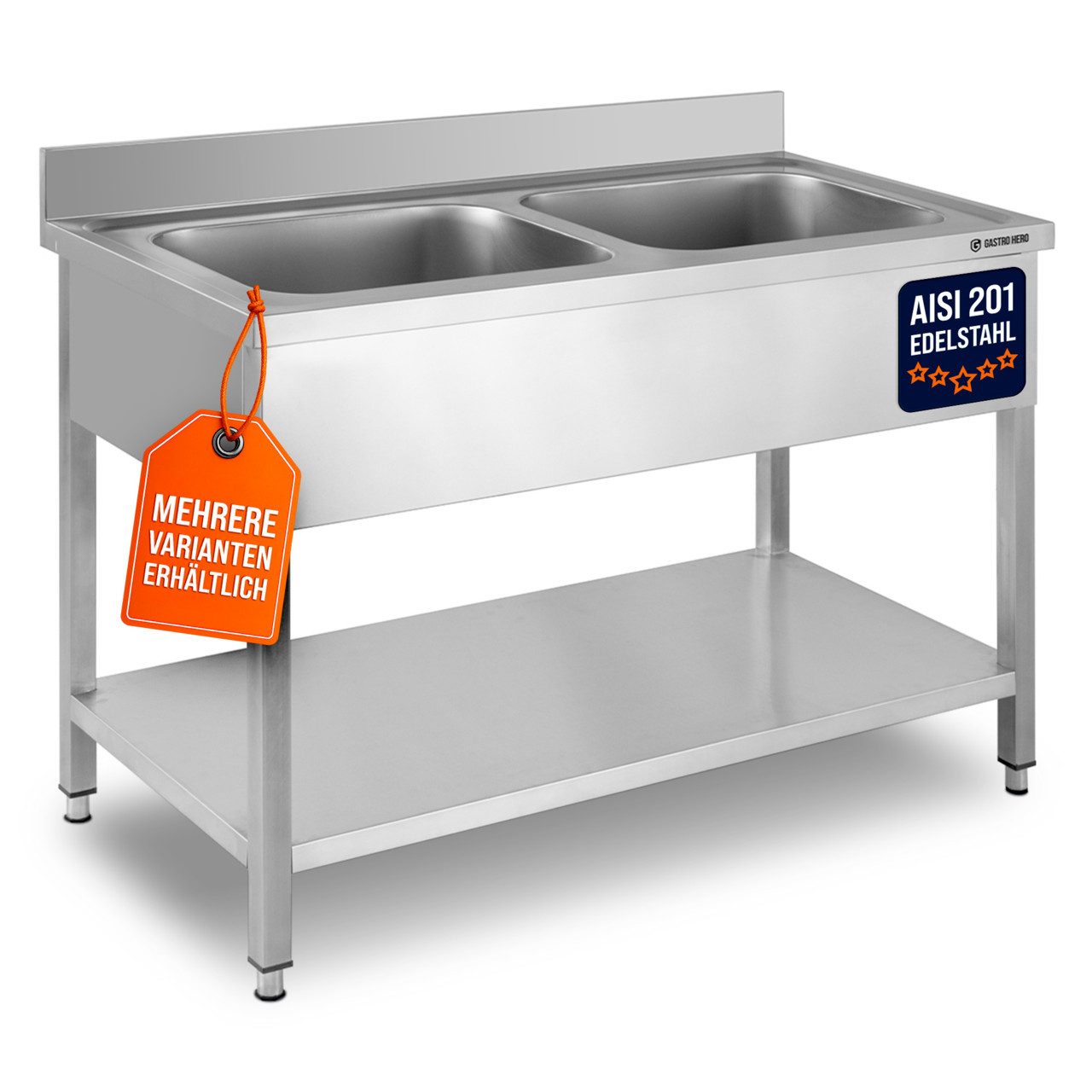 GastroHero Arbeitstisch Spültisch 120x60 cm - Edelstahl mit Becken - Gastro - Spüle, AISI201-Edelstahl, Grundboden, nach Hygienerichtlinien …