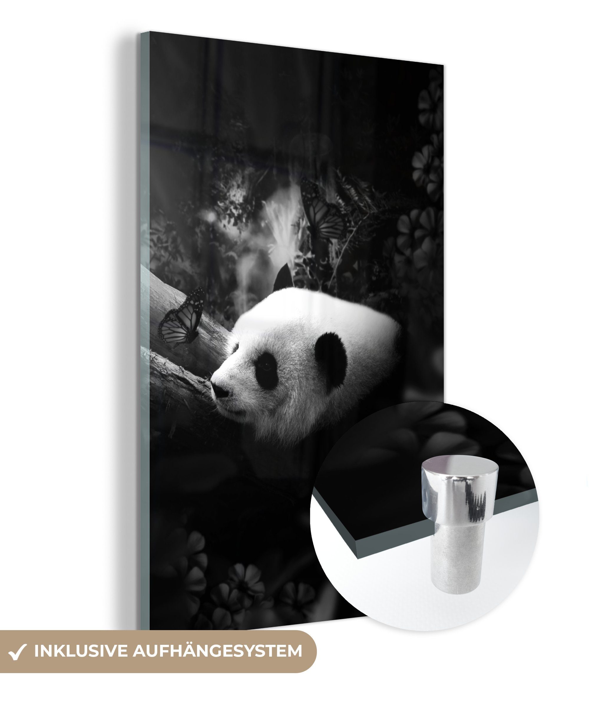 - Schmetterlingen Glas Acrylglasbild Dschungel (1 schwarz Wanddekoration Wandbild Panda St), und MuchoWow - Glas auf im - weiß, bunt mit Bilder Glasbilder auf - Foto