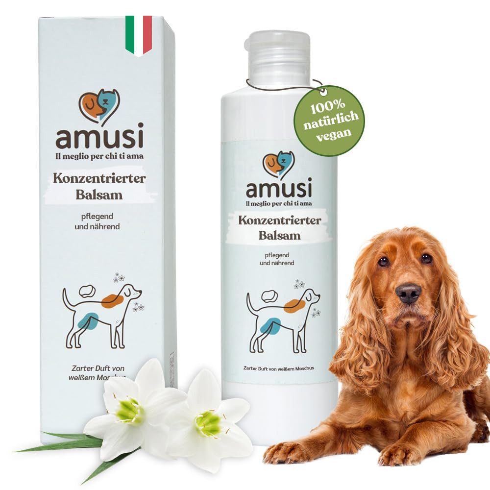 Amusi Fellpflege Balsam für Hunde mit langem Haar, hergestellt in Italien, 250 ml, (Hunde Conditioner Langhaar mit entwirrender Wirkung, antibakteriell und hautschützend), hypoallergen, mit veganem pflanzlichem