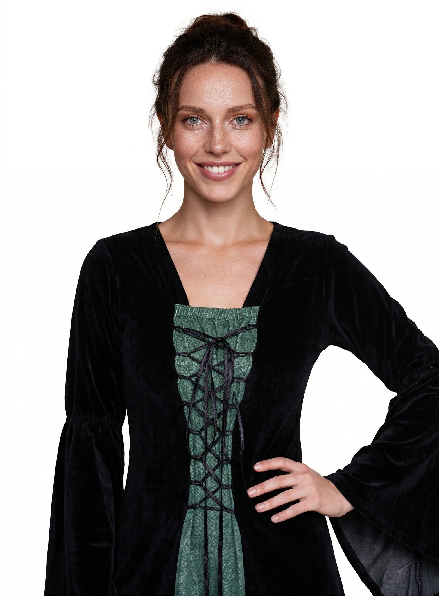 Metamorph Hexen-Kostüm Burgherrin Samtkleid schwarz-grün, Hochwertige und authentische Mittelalterkleidung zu unschlagbar günst