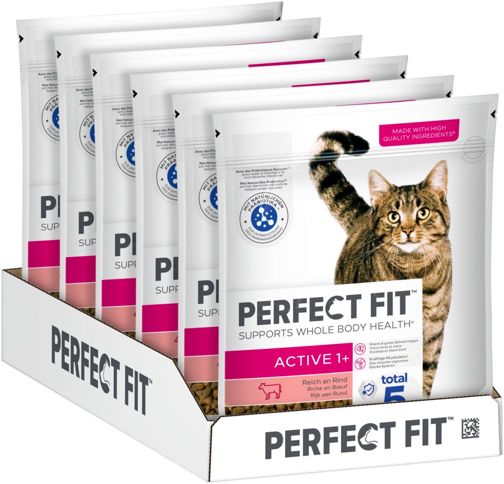Perfect Fit PERFECT FIT™ Katze Beutel Active 1+ mit Rind 6 x 750g, Trockenfutter für: Katze