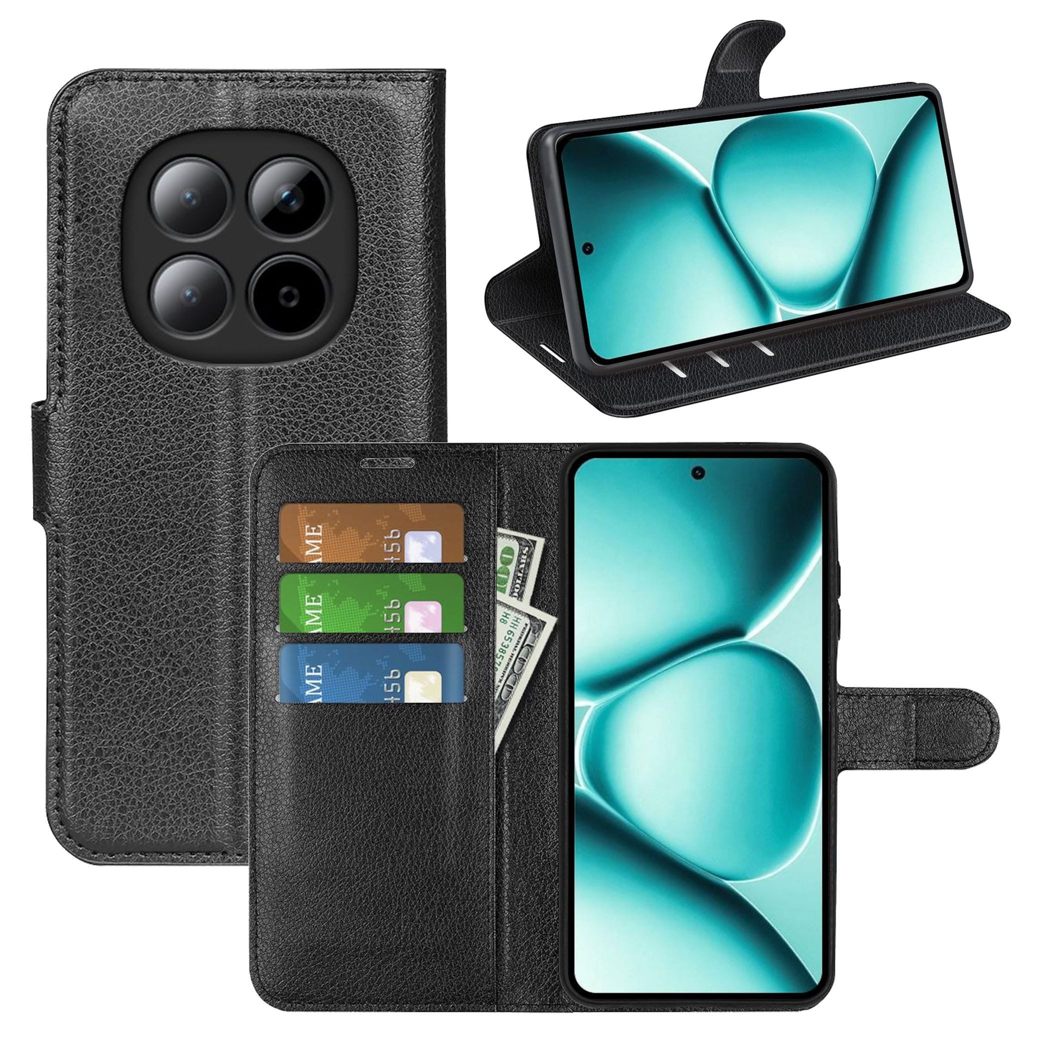 Wigento Smartphone-Hülle Für Xiaomi Redmi Note 15 Pro 5G Kunstleder Hülle Schwarz + 9H Glas, Produktset Kunst-Leder Tasche + H9 Hart Glas