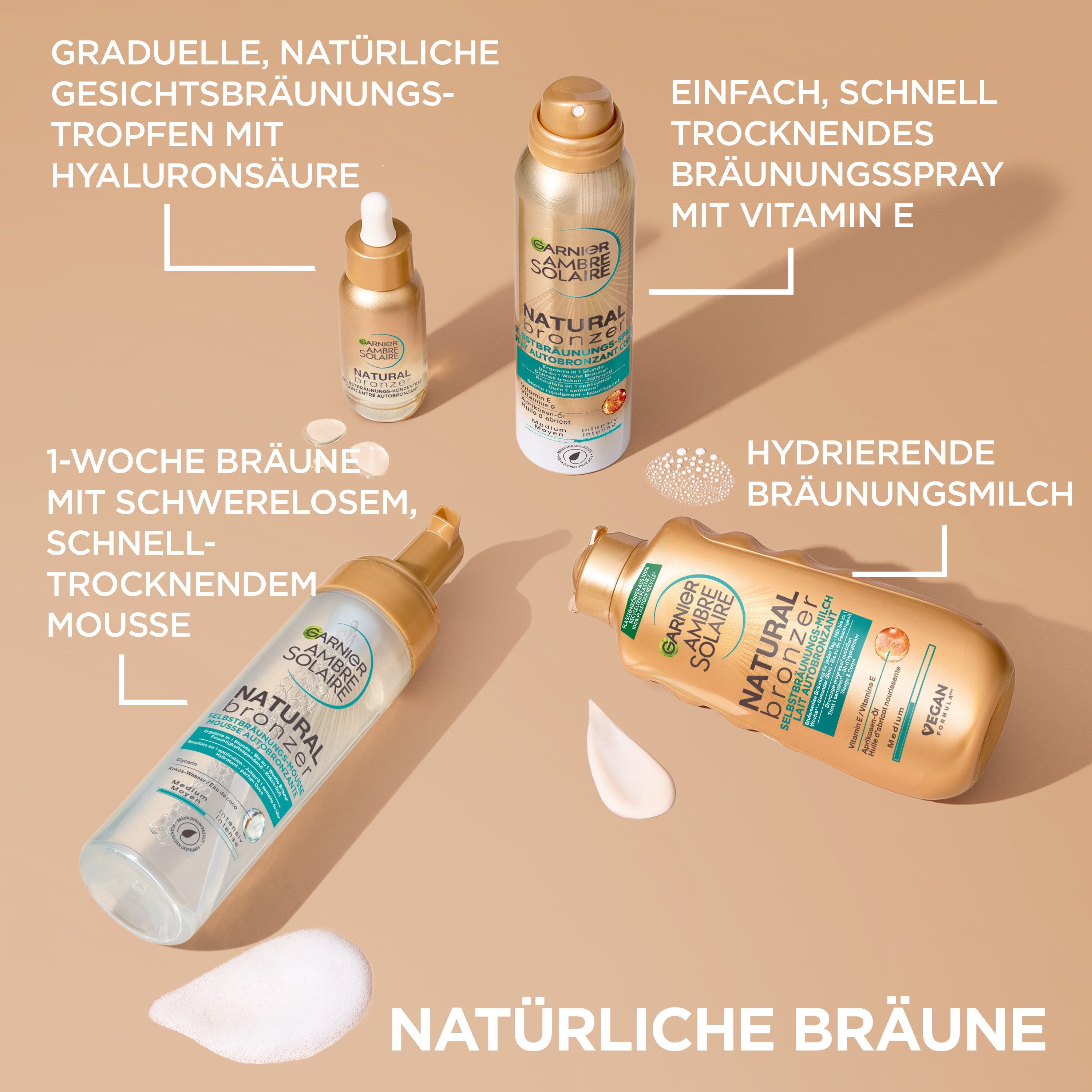 GARNIER Selbstbräunungskonzentrat AMBRE SOLAIRE NATUTRAL BRONZER, sorgt für einen Teint, pflegt die Haut zugleich, zieht schnell ein