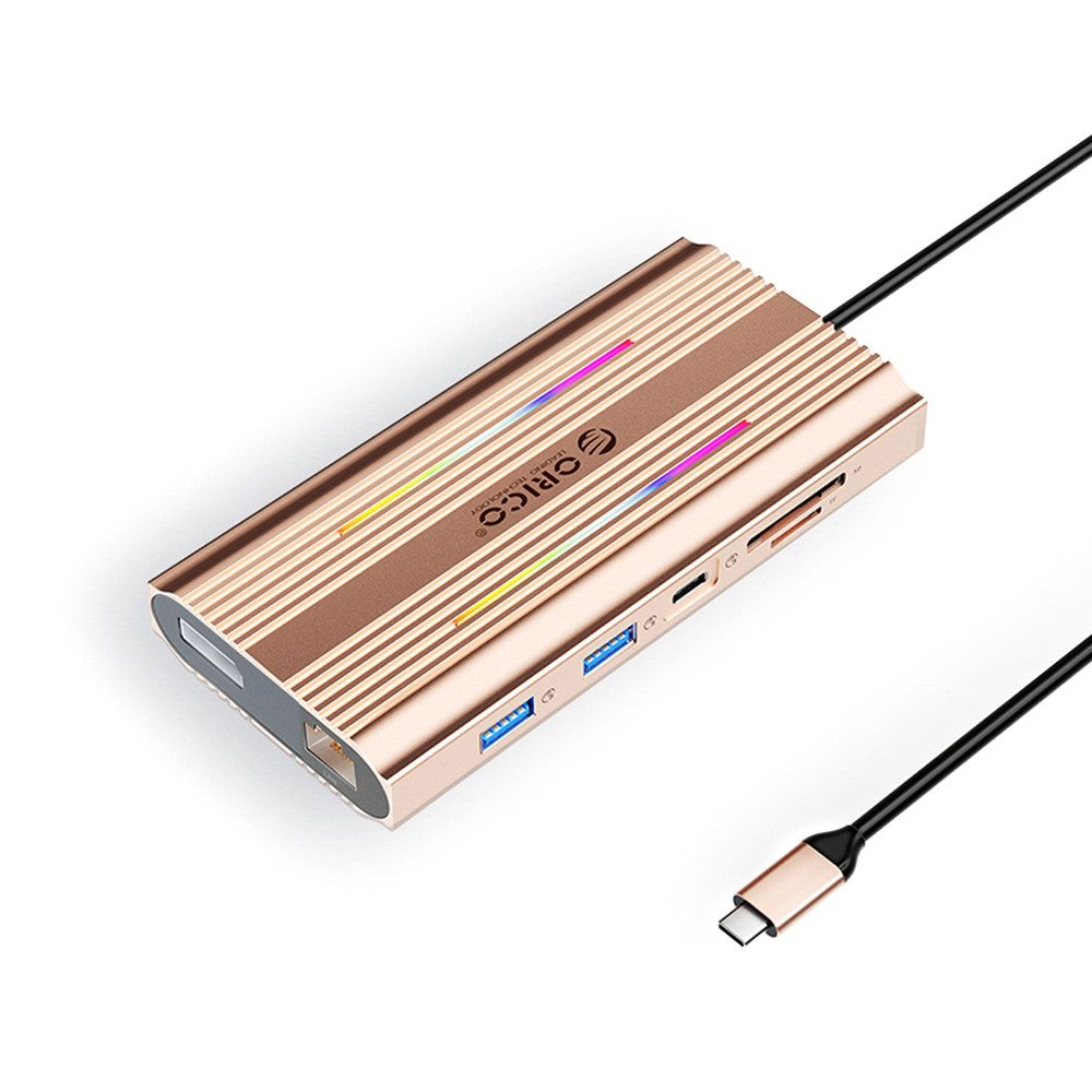 ORICO Multiportadapter Anschlussverteiler Arbeitsplatzzentrale Dockingstation (12-in-1, 4K 60 Hz, PD 100 W, RGB-Licht, Aluminium)