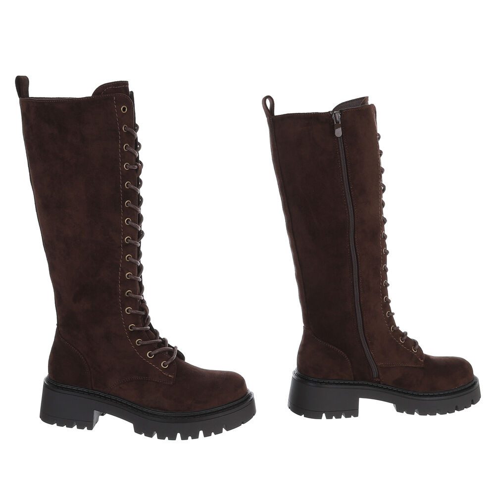 Ital-Design Kniehoher Damen Schnürstiefel mit Profilsohle Plateaustiefel (92422305) Blockabsatz Stiefel in Braun – Bild 4 von 5