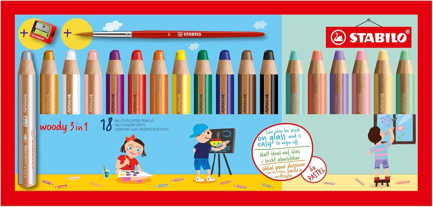 STABILO Spiel STABILO Woody 3 in 1 - 18er Pack mit Spitzer & Pinsel