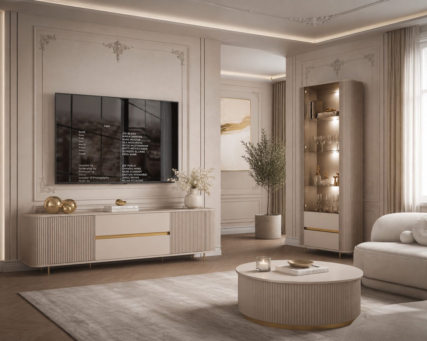 ALLHOUSE24 Wohnzimmer-Set MIRACLE IV Stilvolle Eleganz mit Vitrine und TV-Lowboard in Sandbeige, (2-St., Das Set besteht aus: Vitrine, TV Schrank), Breite: Vitrine: 76 cm, TV-Schrank: 180 cm