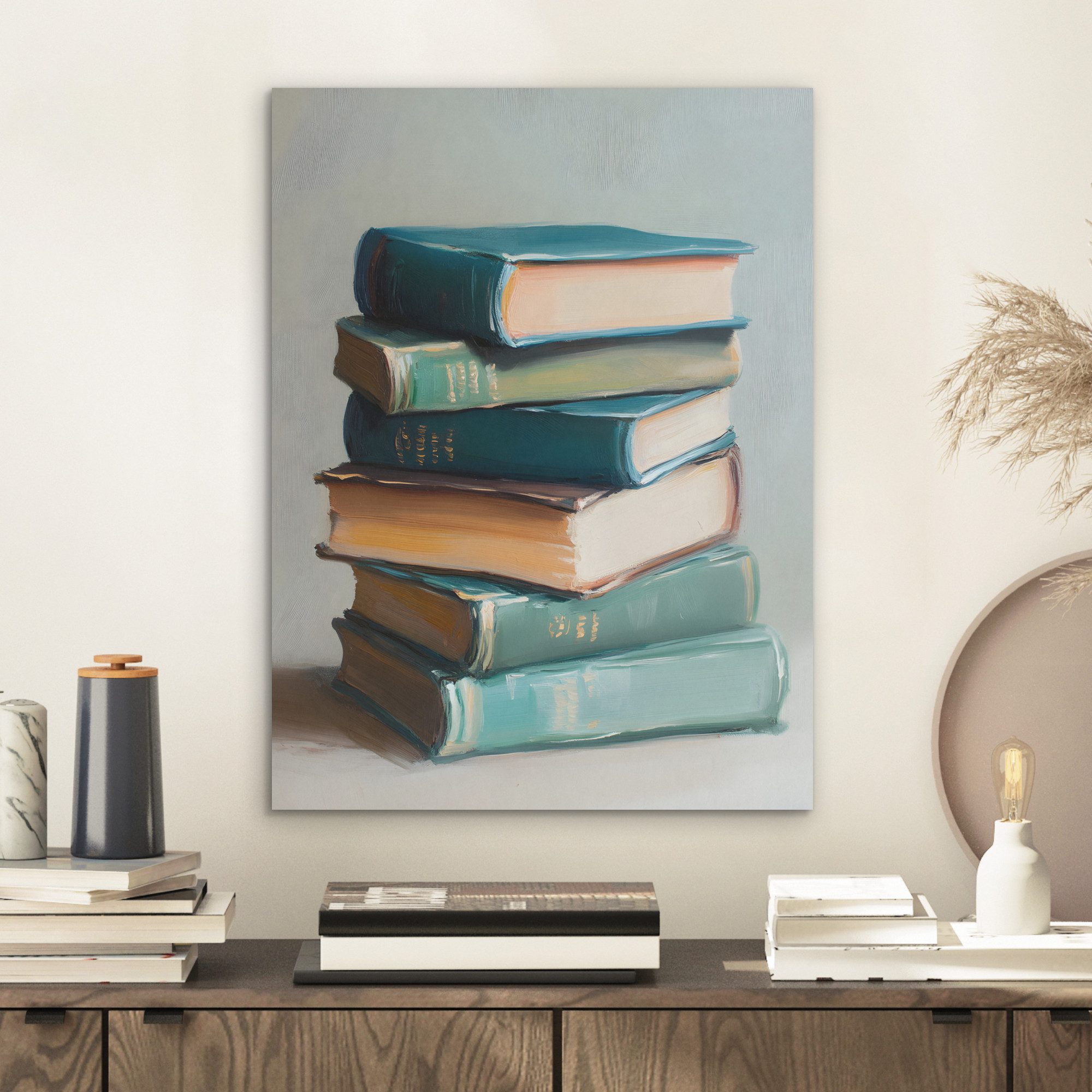 MuchoWow Gemälde Stapel - Bücher - Grün - Tageslicht, Fotodruck (1 St), Aku günstig online kaufen