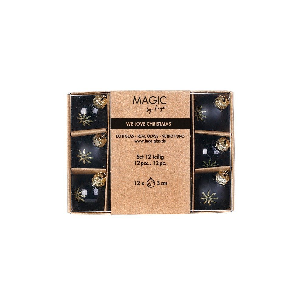 MAGIC by Inge Weihnachtsbaumkugel, Weihnachtskugeln Glas mit Motiv 3cm 12 Stück - Ebony Black