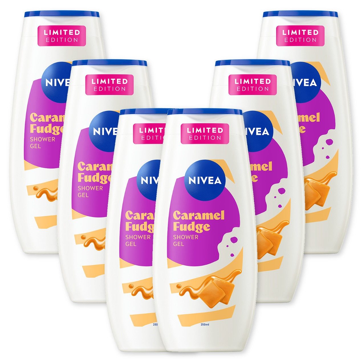 Nivea Duschgel Dusche Karamell-Fudge 6x250ml Vanillenoten vegan Limited Edition, 6-tlg., Angenehmer Duft