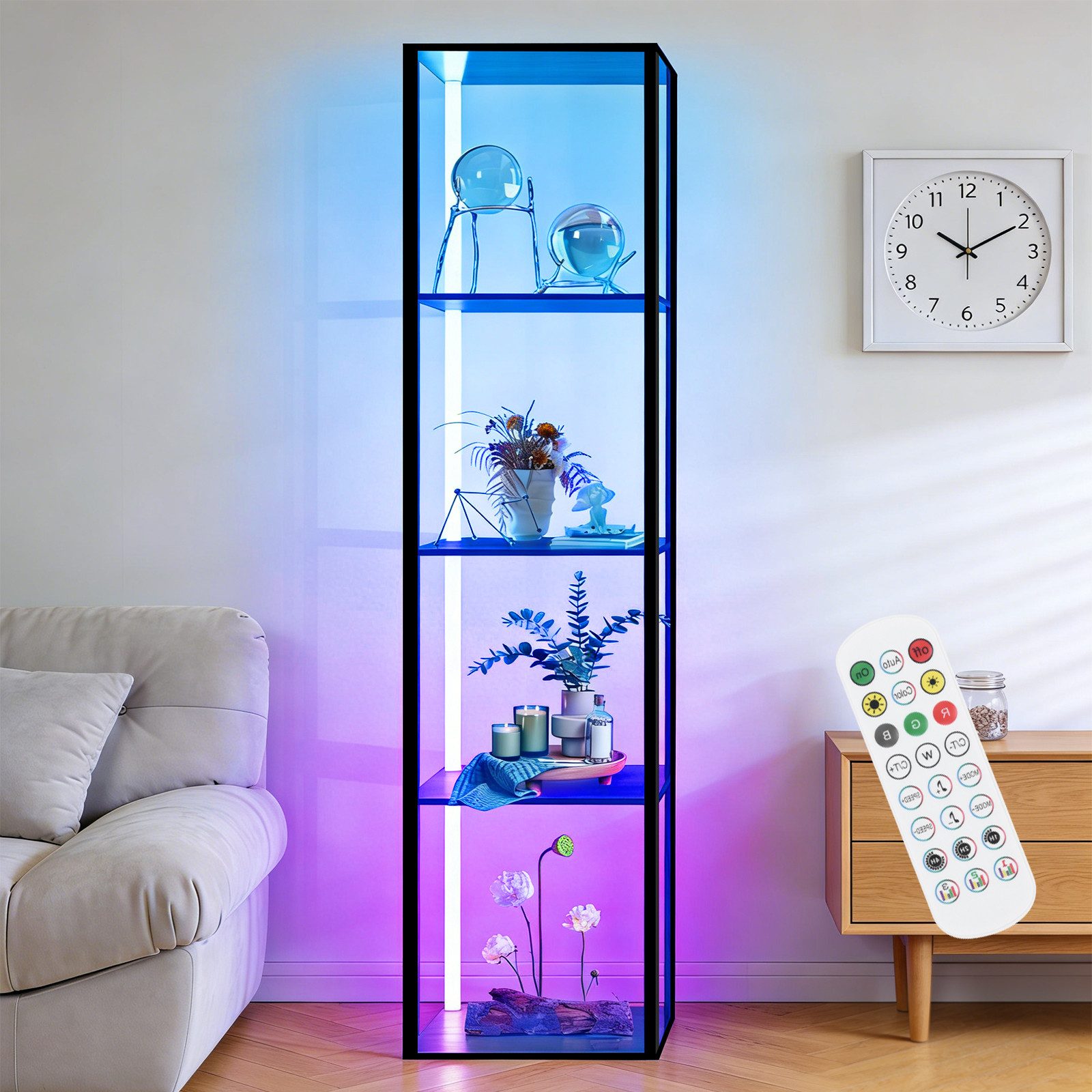 XERSEK Eckregal LED Standregal Bücherregal Vitrine Dimmbar mit Fernbedienung Smart, Metallrahmen Regal 4-6 Ablagen, Für Wohnzimmer / Schlafzimmer / Flur / Büro