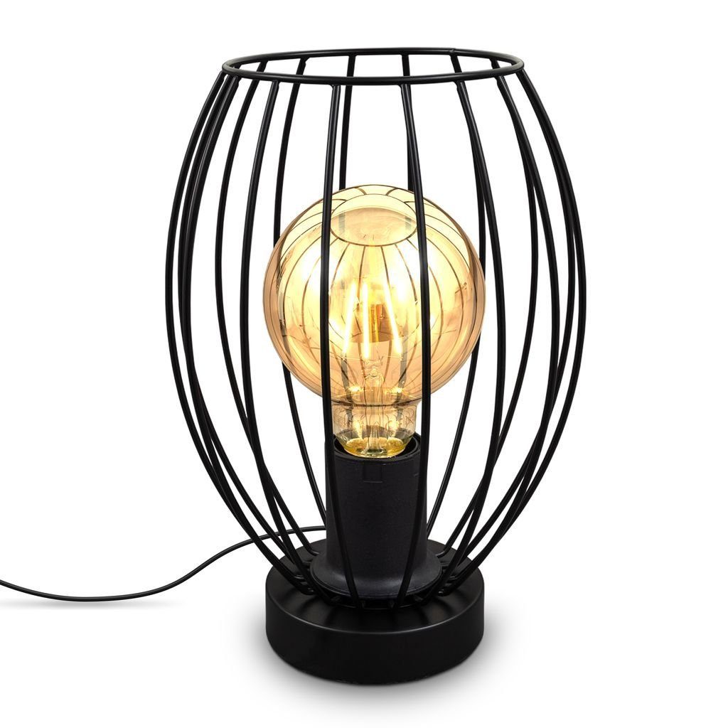 Industie-Design Tischlampe Schwarz 1-flammig Tischleuchte cm ohne - B.K.Licht Nachttischlampe BKL1463, E27 Metallschirm Höhe Draht Kabelschalter Leuchtmittel, 25,6