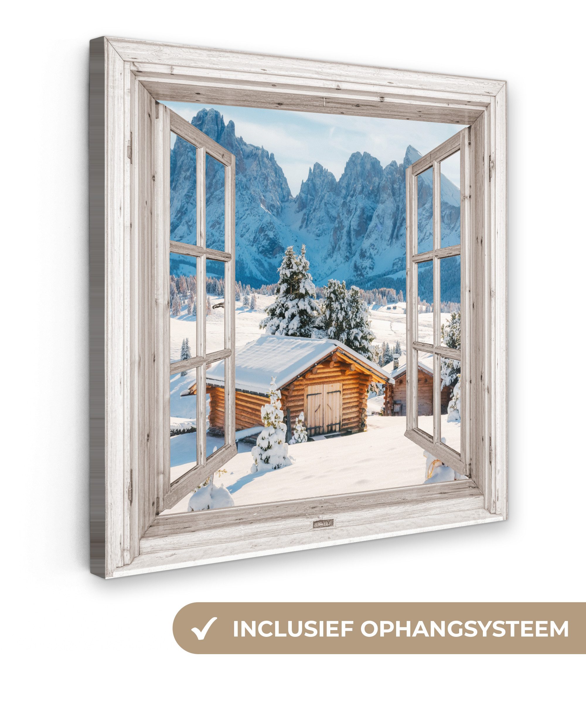 OneMillionCanvasses® Leinwandbild Winterlandschaft - Hütte - Berge - Ausblicke - Aussicht - Natur, Fotodruck (1 St), Wandbild, Deko Schlafzimmer Wohnzimmer Flur 20x20 cm