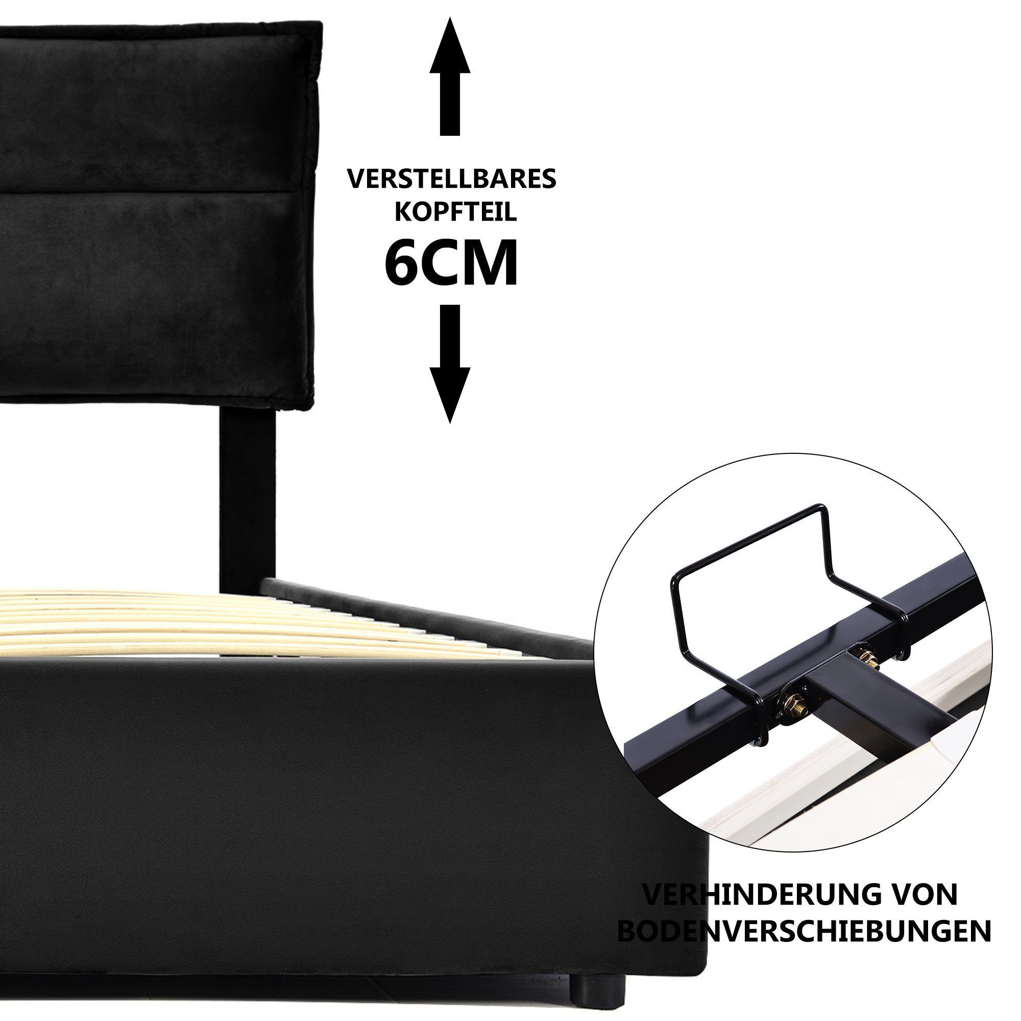 140x200cm), Bettrahmen Hydraulisches Schwarz Funktionsbett SPLOE Bettkasten, hydraulisches (Stauraumbett Polsterbett Polsterbett Funktionsbett Doppelbett HAUSS und mit Lattenrost Samt