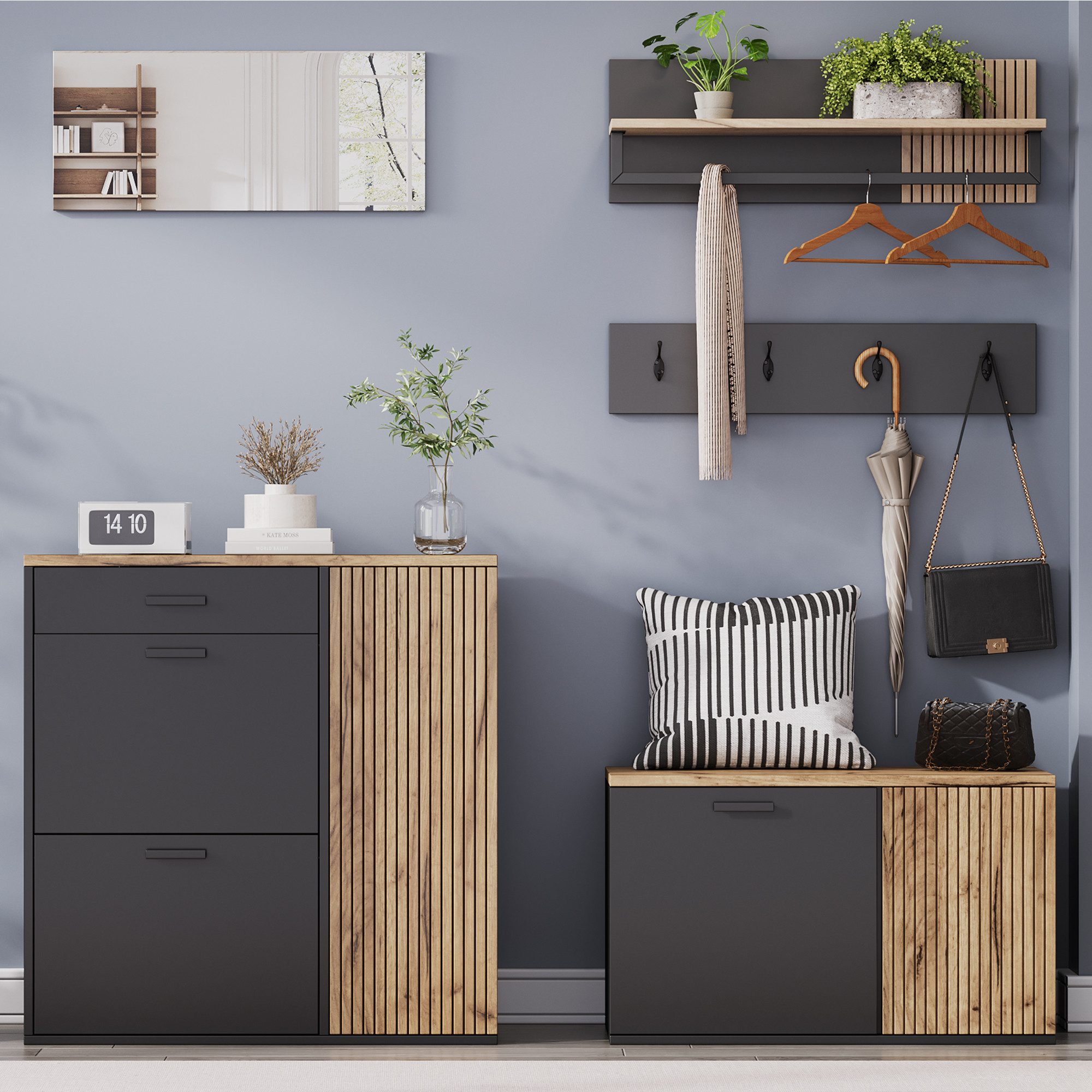 KLAM HOME Garderoben-Set 5-teiliges Garderoben-Set mit Schuhbank & Spiegel für Flur, (Multifunktionales Flurset aus Spanplatte mit 2 Schuhschränken), Komplette Eingangsgarderobe mit Hutablage und 4 Haken