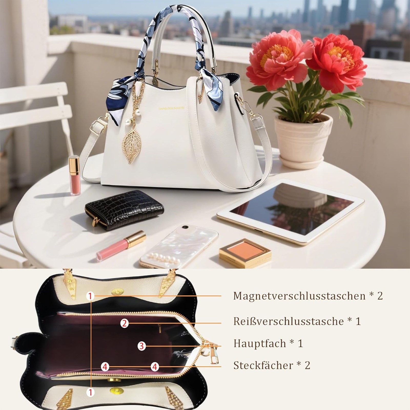 OKWISH Henkeltasche Damen-Handtasche Umhängetasche Tragetasche Aktentasche Tasche Damen (abnehmbarer Schulterriemen vielseitig tragbar Alltags Business-Tasche, 1-tlg., Drei Hauptfächer Reißverschluss- und Handyfach), für Alltag Reisen Partys Büro oder besondere Anlässe kombinierbar