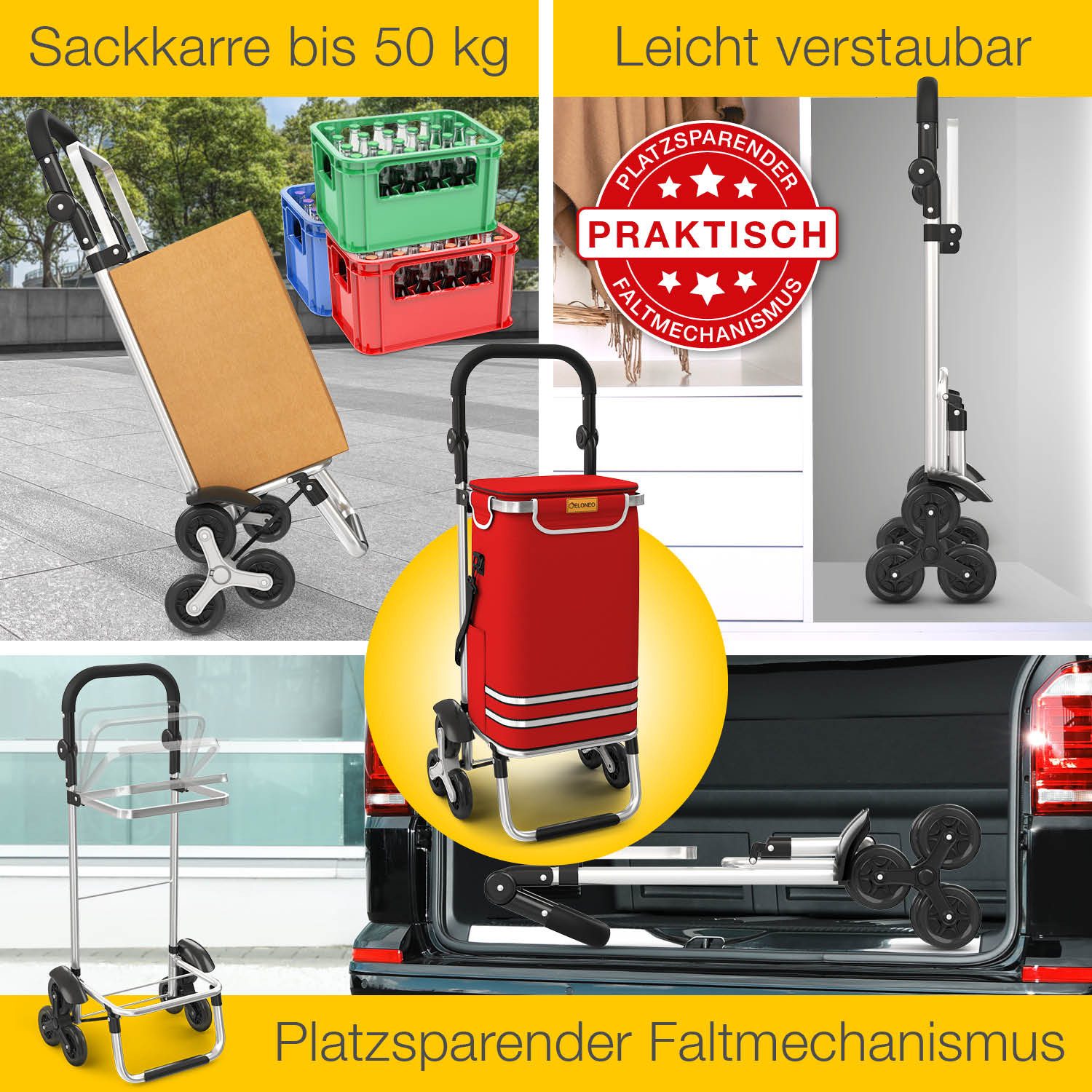 ELONEO Einkaufstrolley ELONEO Einkaufstrolley Treppensteiger, 56L Volumen, 3×3 Radsystem, Mit HängFix zum Anhängen an den Einkaufswagen