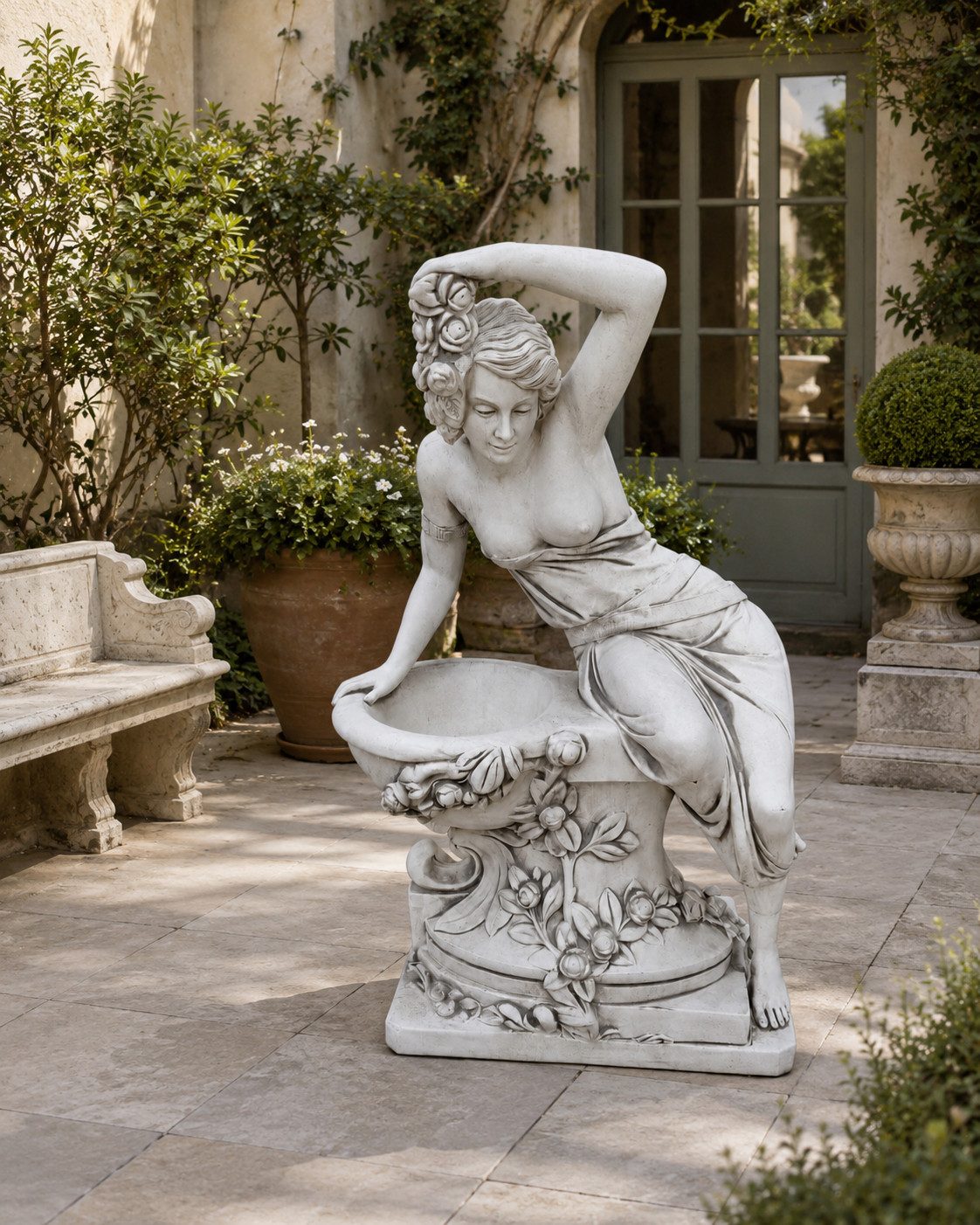 JVmoebel Dekofigur Frauenstatue mit Pflanzschale Antik Garten Steinoptik Sofort (Einzelartikel, 1 St., 1-teilig), Antik-Optik