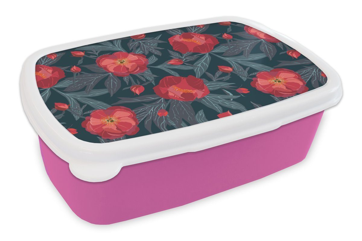 MuchoWow Lunchbox Blumen - Rot - Blätter - Muster, Kunststoff, (2-tlg), Brotbox für Erwachsene, Brotdose Kinder, Snackbox, Mädchen, Kunststoff rosa