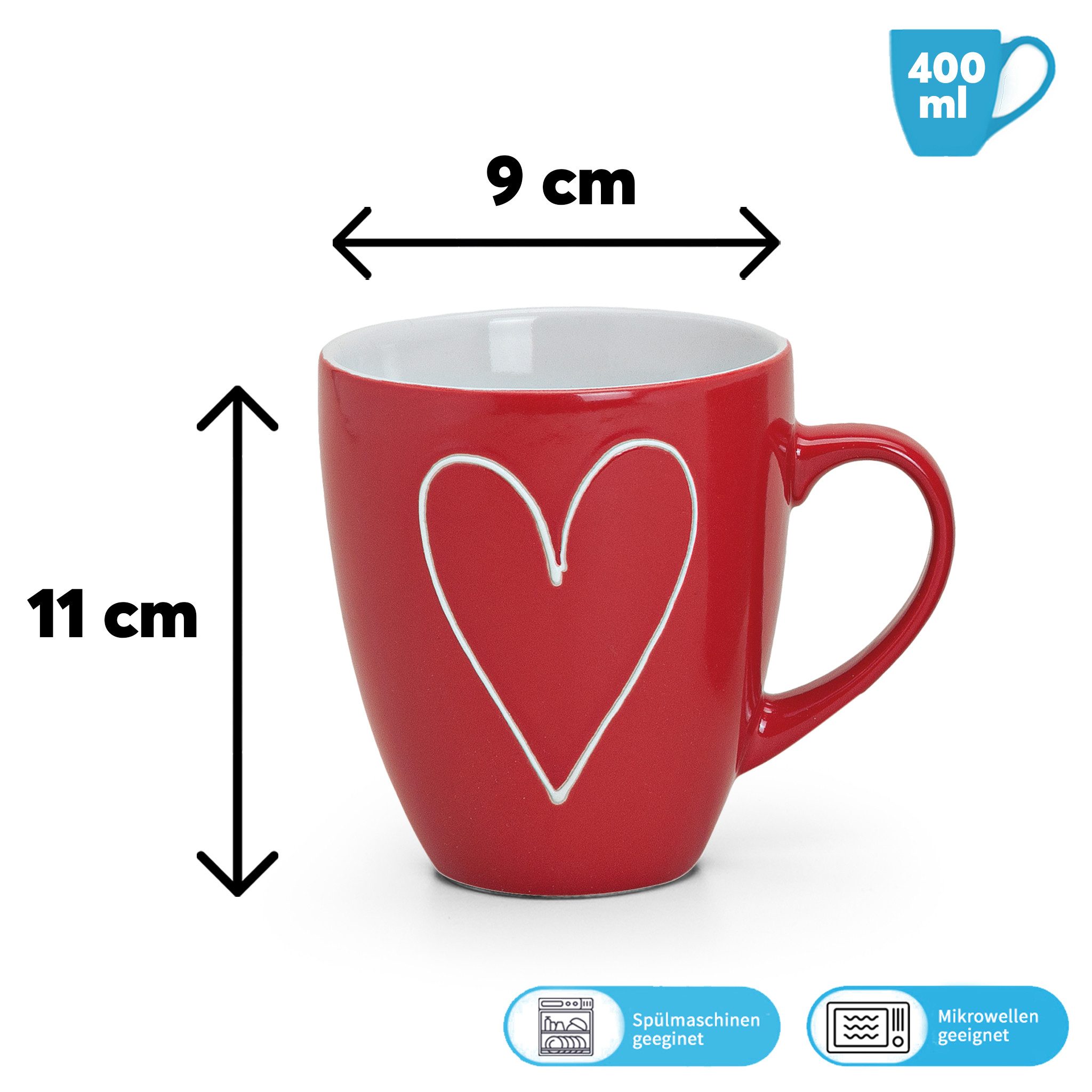 matches21 HOME & HOBBY Tasse Grosse Kaffeetassen 4er Set Landhaus-Stil einfarbig Herzen Liebe, 4-tlg., Keramik, Tee Kaffee-Becher, klassisch, rot grau weiss, 400 ml