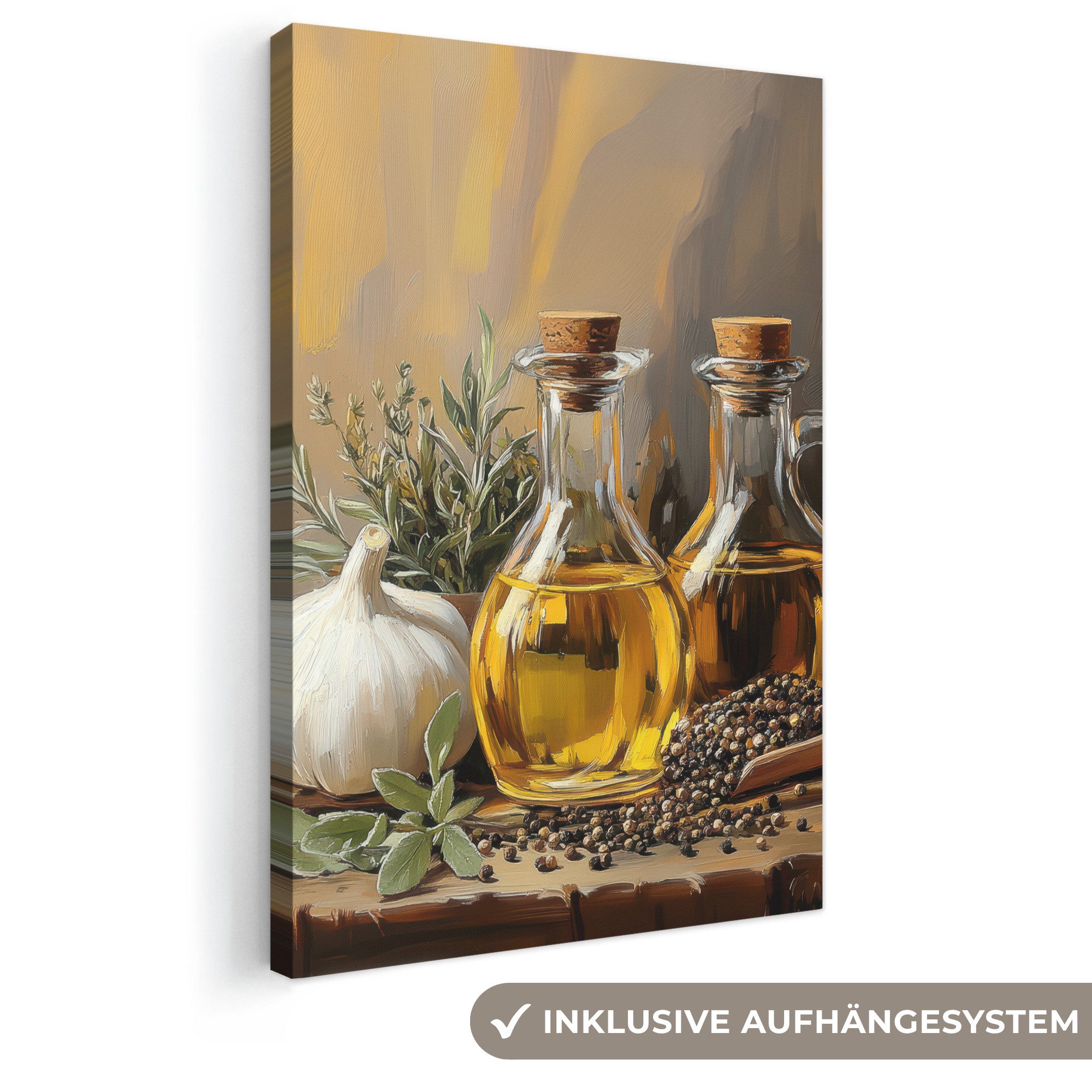 OneMillionCanvasses® Leinwandbild Stilleben - Olivenöl - Knoblauch - Kräuter, Fotodruck (1 St), Leinwand Canvas Wandbild, Wanddekoration 20x30 cm